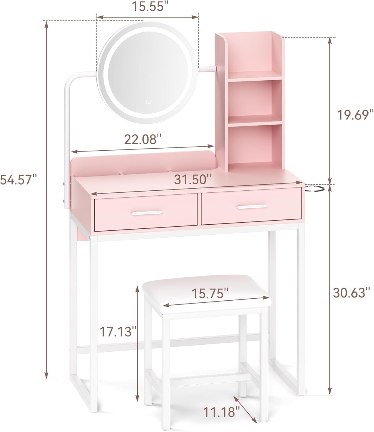 image:imageDowinx Vanity Desk with LED Lighted Mirror amp Power Outlet Vanity Desk with Adjustable 3 Lighting Modes Small Vanity Desk for Bedroom Makeup Vanity with Chair for Girl Pink and White