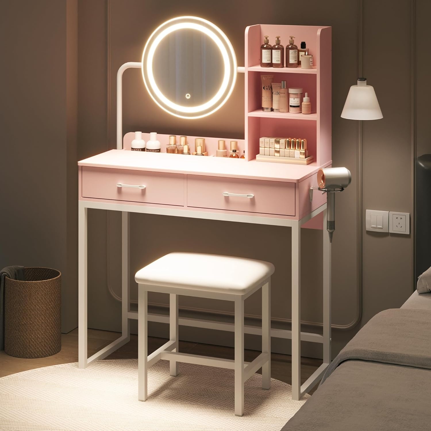 image:imageDowinx Vanity Desk with LED Lighted Mirror amp Power Outlet Vanity Desk with Adjustable 3 Lighting Modes Small Vanity Desk for Bedroom Makeup Vanity with Chair for Girl Pink and White