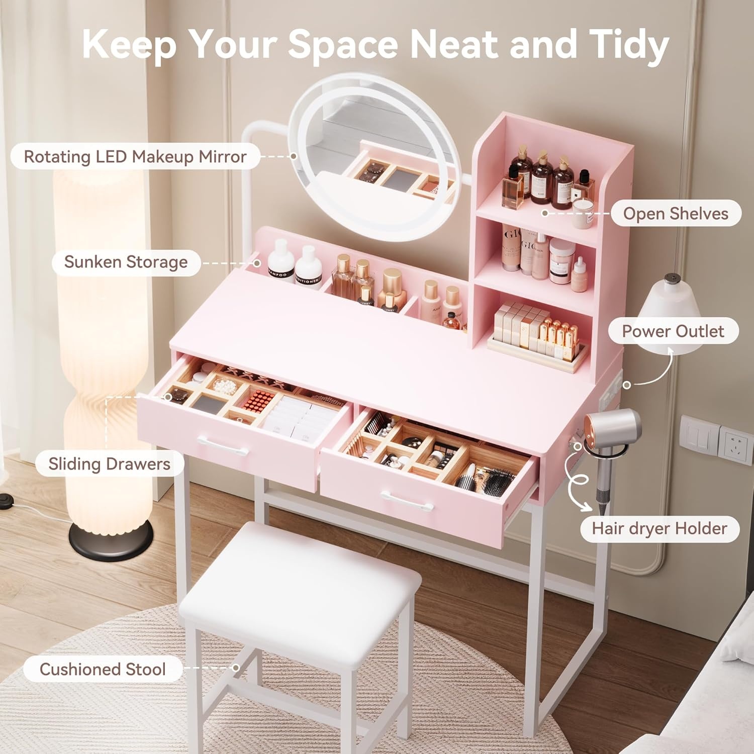 image:imageDowinx Vanity Desk with LED Lighted Mirror amp Power Outlet Vanity Desk with Adjustable 3 Lighting Modes Small Vanity Desk for Bedroom Makeup Vanity with Chair for Girl Pink and White