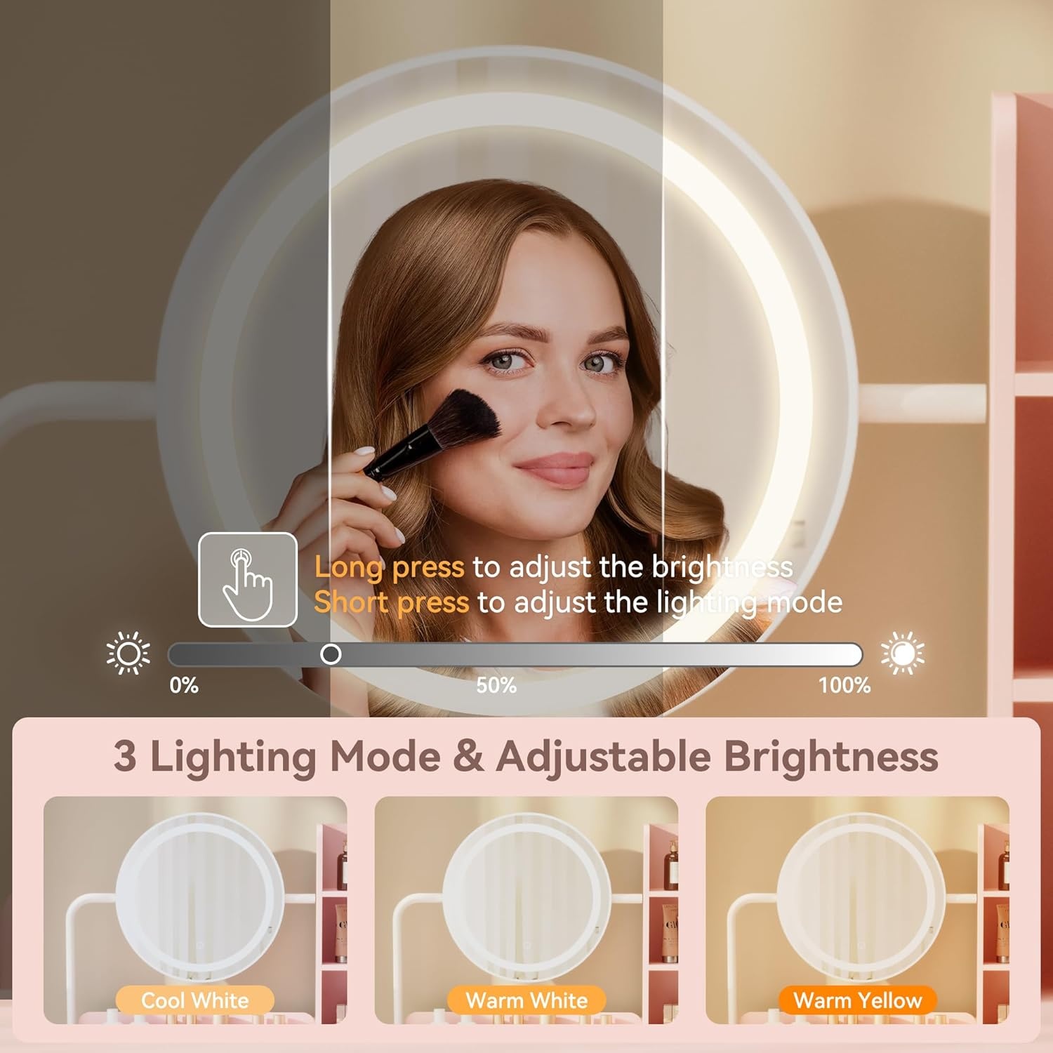 image:imageDowinx Vanity Desk with LED Lighted Mirror amp Power Outlet Vanity Desk with Adjustable 3 Lighting Modes Small Vanity Desk for Bedroom Makeup Vanity with Chair for Girl Pink and White