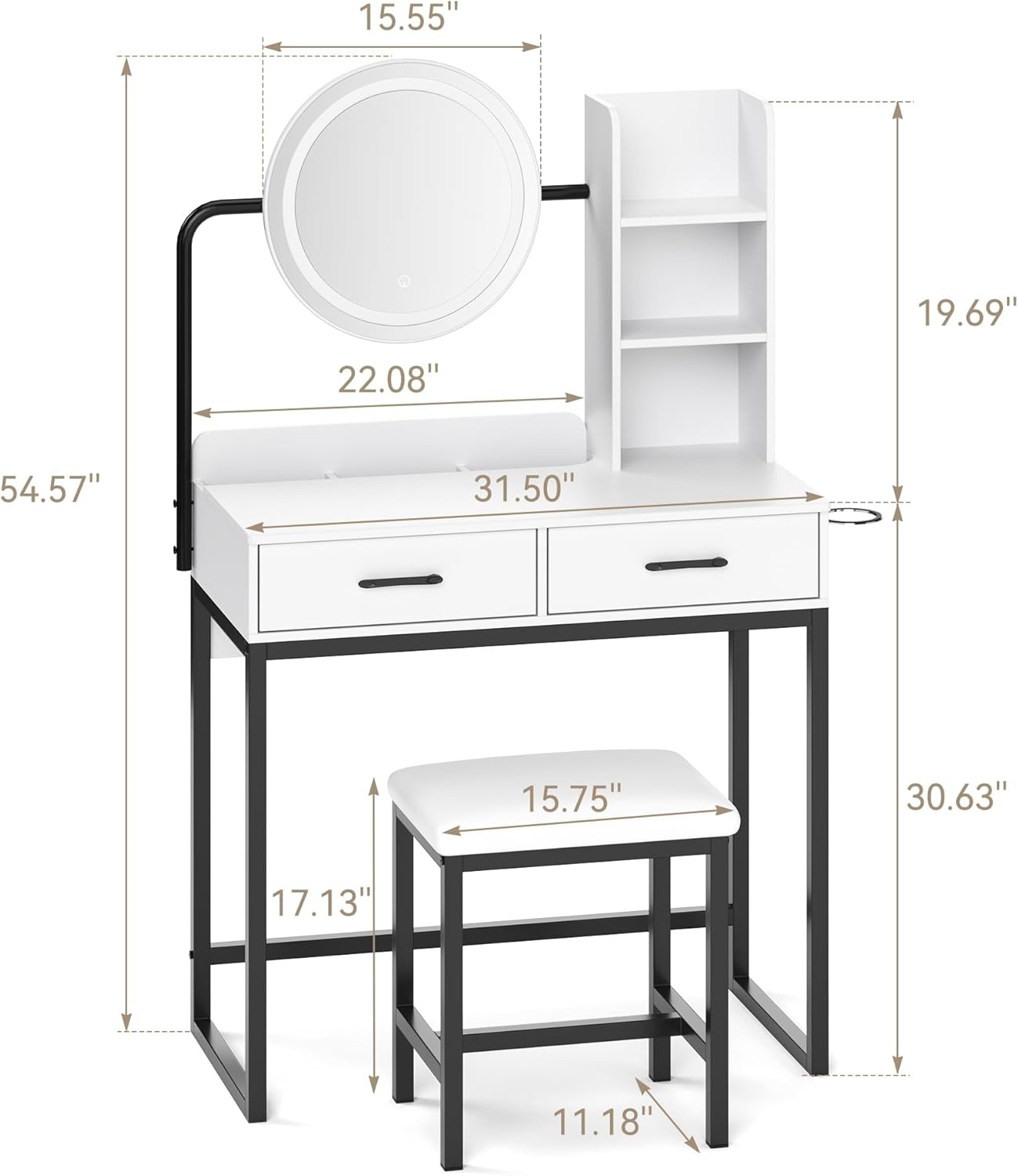 image:imageDowinx Vanity Desk with LED Lighted Mirror amp Power Outlet White Vanity Desk with Adjustable 3 Lighting Modes Small Vanity Desk for Bedroom Makeup Vanity with Chair for Girl White and Black