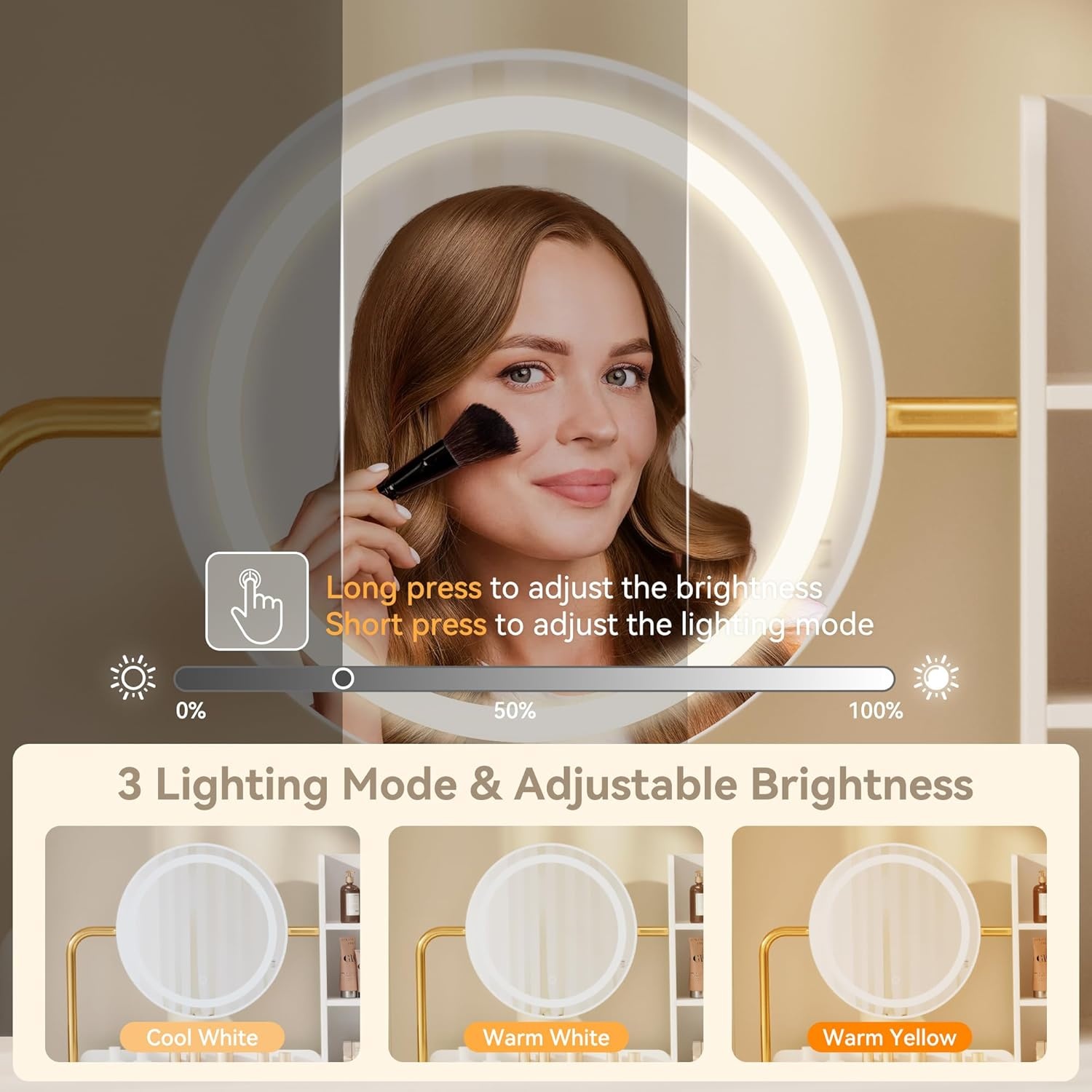 image:imageDowinx Vanity Desk with LED Lighted Mirror amp Power Outlet White Vanity Desk with Adjustable 3 Lighting Modes Small Vanity Desk for Bedroom Makeup Vanity with Chair for Girl Gold and White