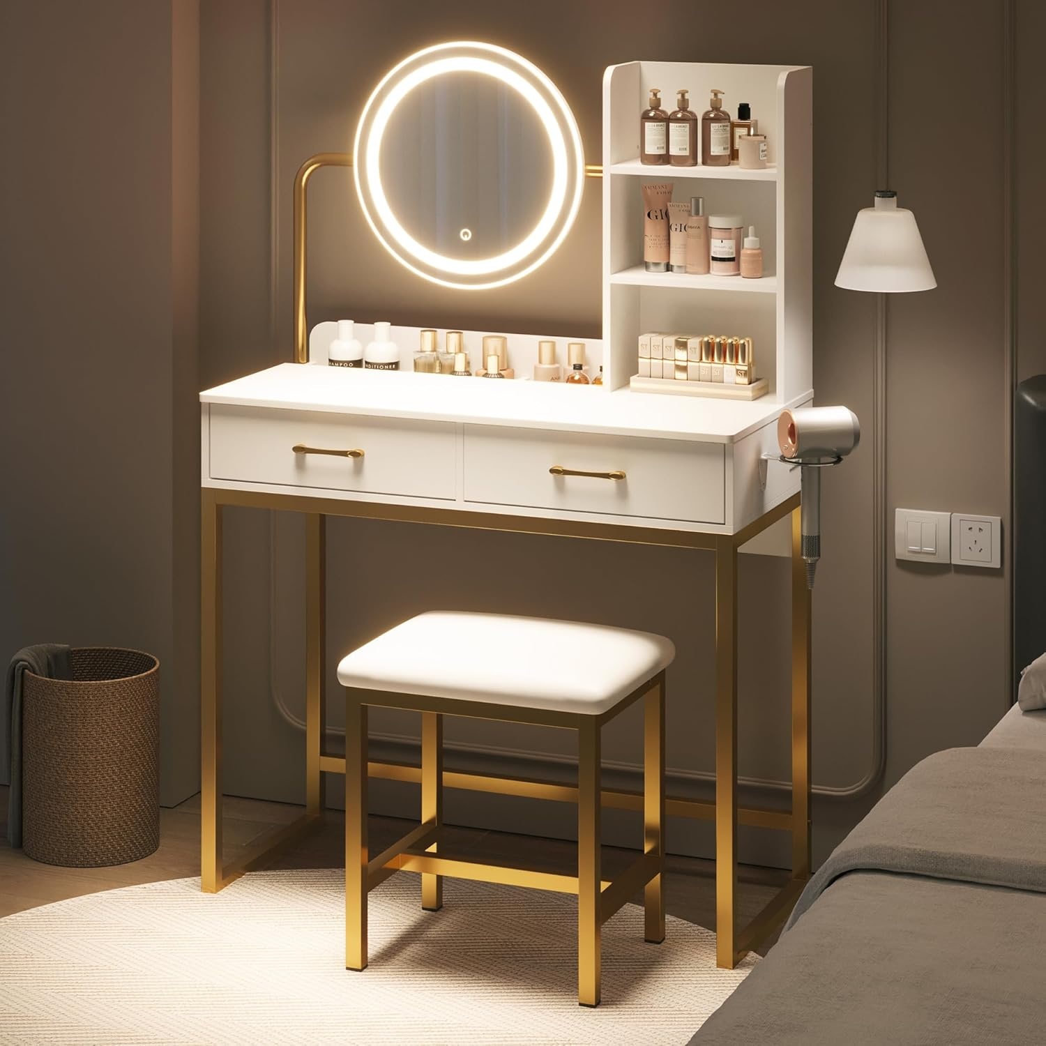 image:imageDowinx Vanity Desk with LED Lighted Mirror amp Power Outlet White Vanity Desk with Adjustable 3 Lighting Modes Small Vanity Desk for Bedroom Makeup Vanity with Chair for Girl Gold and White