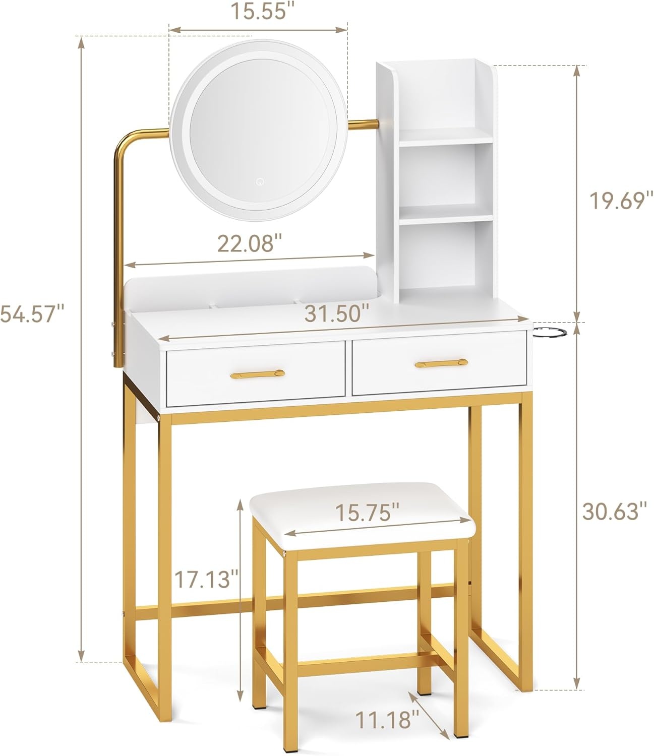 image:imageDowinx Vanity Desk with LED Lighted Mirror amp Power Outlet White Vanity Desk with Adjustable 3 Lighting Modes Small Vanity Desk for Bedroom Makeup Vanity with Chair for Girl Gold and White