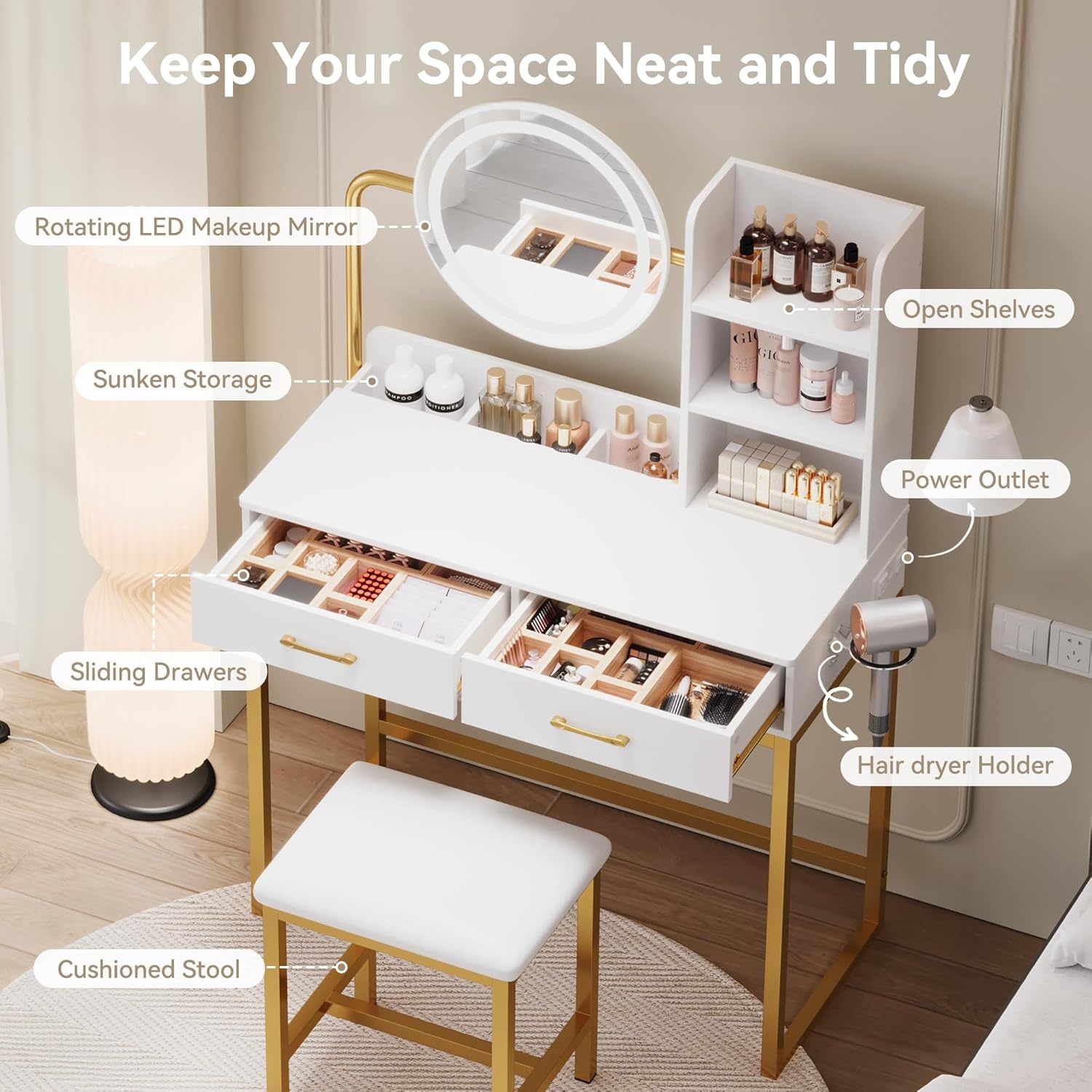 image:imageDowinx Vanity Desk with LED Lighted Mirror amp Power Outlet White Vanity Desk with Adjustable 3 Lighting Modes Small Vanity Desk for Bedroom Makeup Vanity with Chair for Girl Gold and White