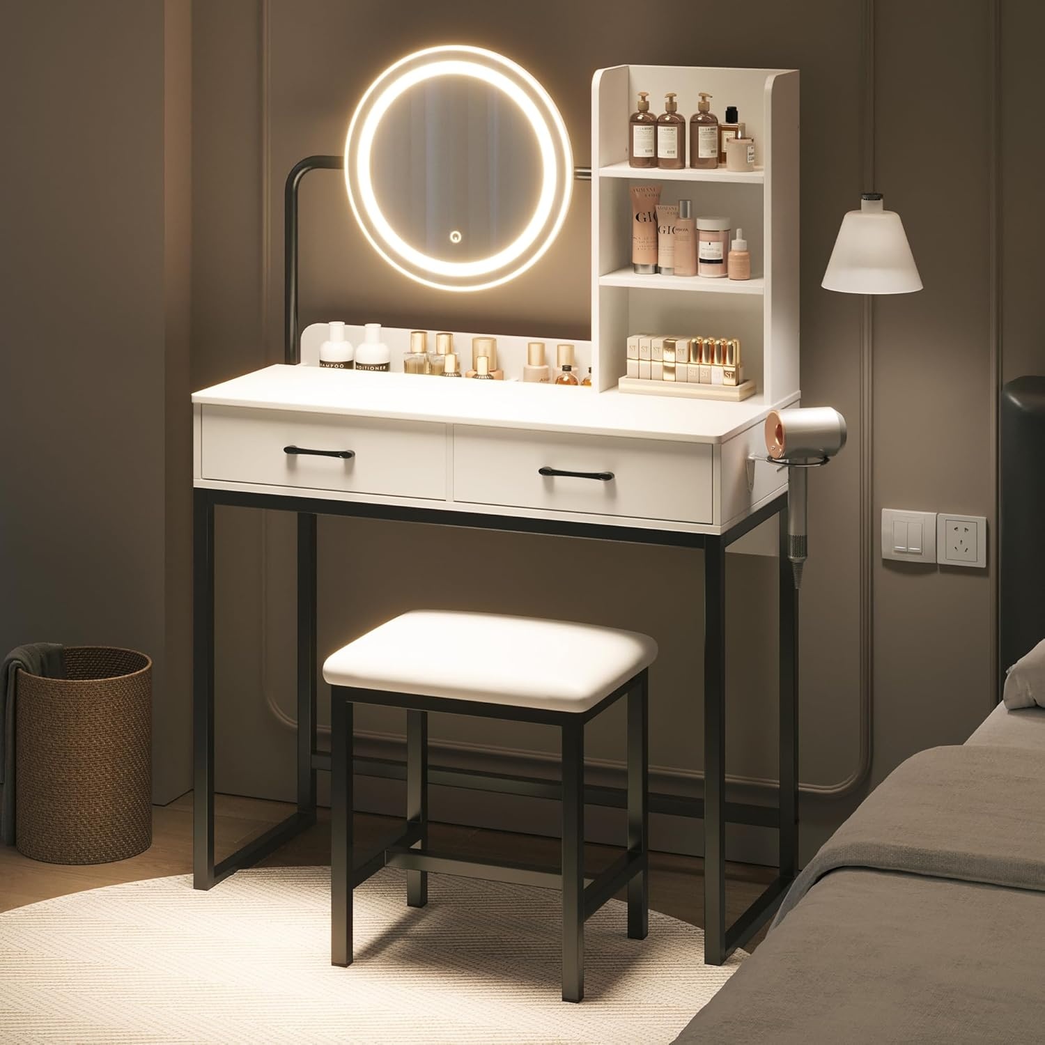 image:imageDowinx Vanity Desk with LED Lighted Mirror amp Power Outlet White Vanity Desk with Adjustable 3 Lighting Modes Small Vanity Desk for Bedroom Makeup Vanity with Chair for Girl White and Black