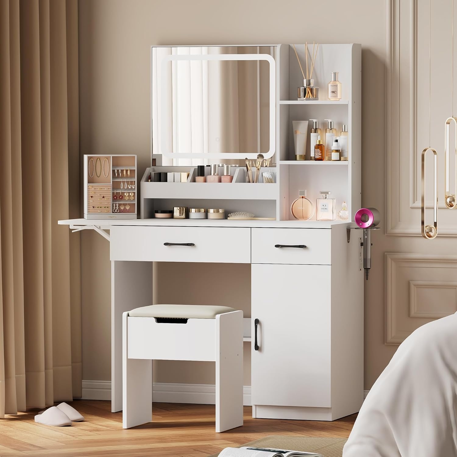 image:imageDowinx Vanity Desk with Mirror and 3 LED Lights Power Outlet Makeup Vanity Table with 3 Drawers and 7 Shelves Dressing Table with Storage Stool for Bedroom Dressing Room White