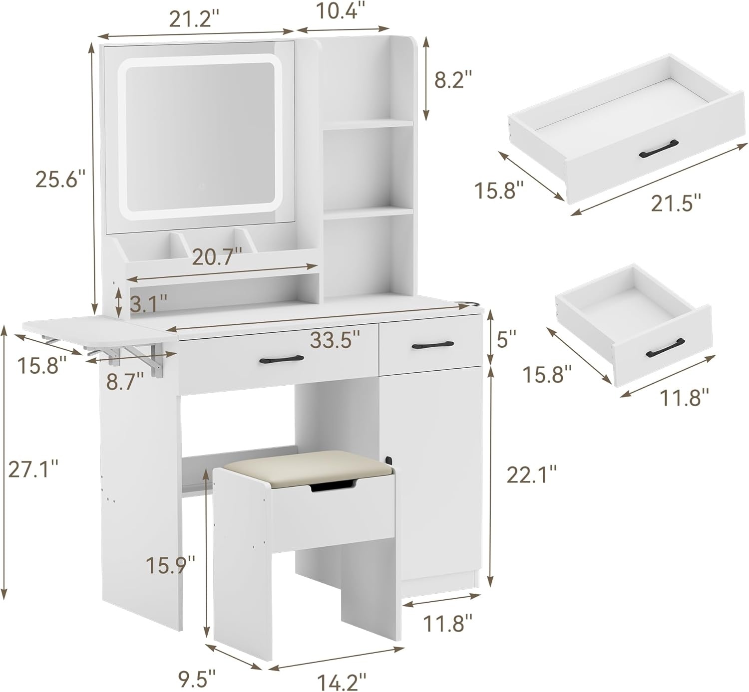 image:imageDowinx Vanity Desk with Mirror and 3 LED Lights Power Outlet Makeup Vanity Table with 3 Drawers and 7 Shelves Dressing Table with Storage Stool for Bedroom Dressing Room White