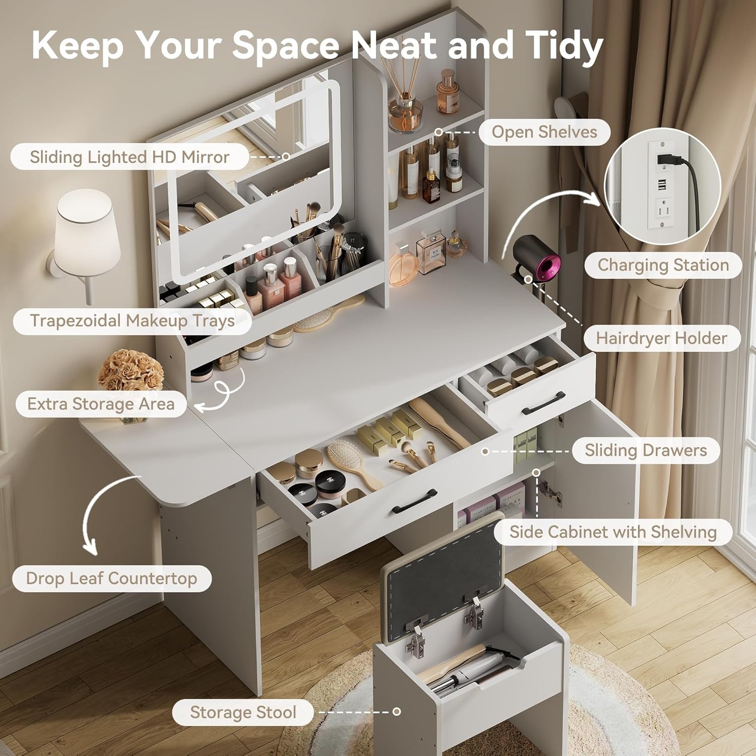 image:imageDowinx Vanity Desk with Mirror and 3 LED Lights Power Outlet Makeup Vanity Table with 3 Drawers and 7 Shelves Dressing Table with Storage Stool for Bedroom Dressing Room White