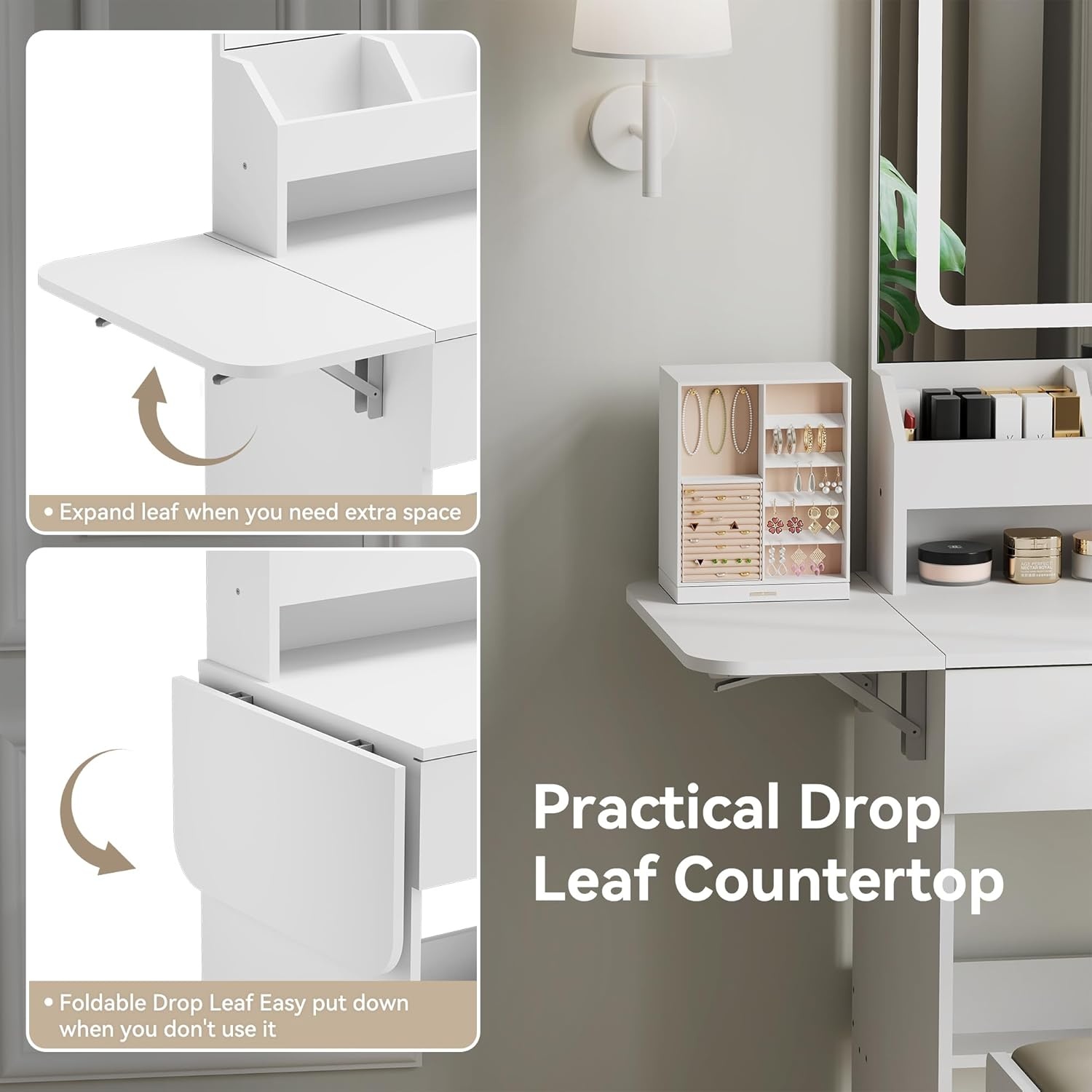 image:imageDowinx Vanity Desk with Mirror and 3 LED Lights Power Outlet Makeup Vanity Table with 3 Drawers and 7 Shelves Dressing Table with Storage Stool for Bedroom Dressing Room White
