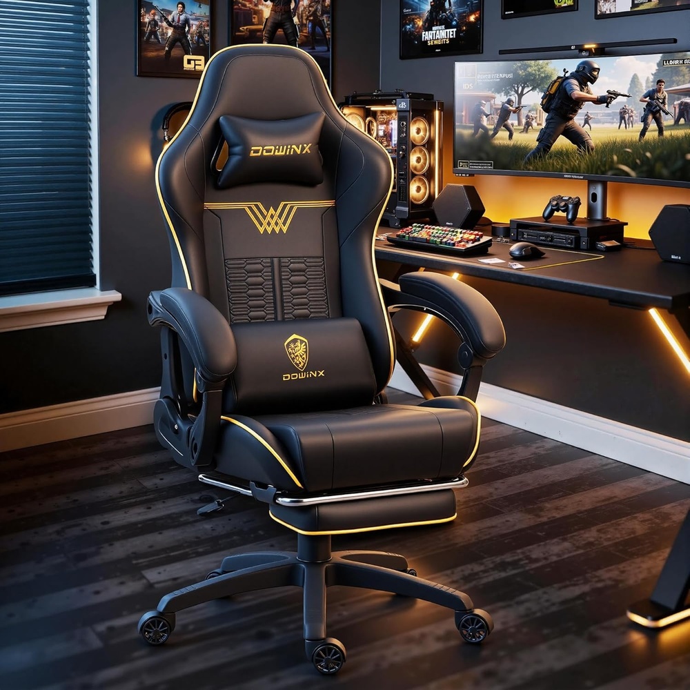 image:imageDowinx Big and Tall Gaming Chair 350LBS Racing Style Ergonomic Computer Chair with SideMounted Recline Control Footrest amp Massage Lumbar High Back Chair with Embroidered Design for Work BlackBlack