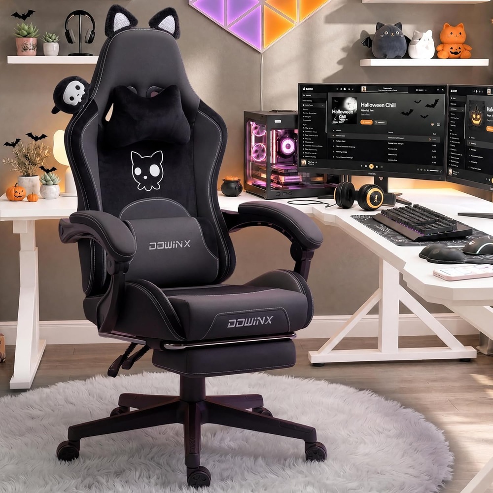 image:imageDowinx Gaming Chair Cute with Cat Ears and Massage Lumbar Support Ergonomic Computer Chair for Girl with Footrest and Headrest Comfortable Reclining Game Chair 290lbs for Adult Teen Blue GreenAll Black