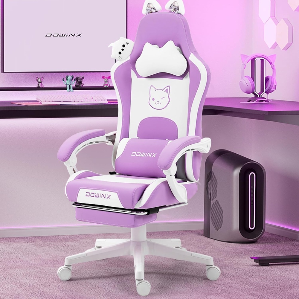 image:imageDowinx Gaming Chair Cute with Cat Ears and Massage Lumbar Support Ergonomic Computer Chair for Girl with Footrest and Headrest Comfortable Reclining Game Chair 290lbs for Adult Teen Blue GreenPurple