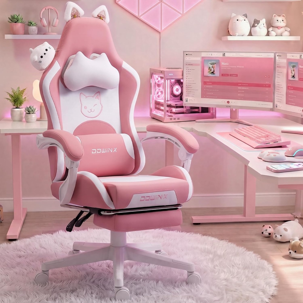image:imageDowinx Gaming Chair Cute with Cat Ears and Massage Lumbar Support Ergonomic Computer Chair for Girl with Footrest and Headrest Comfortable Reclining Game Chair 290lbs for Adult Teen Blue GreenPink