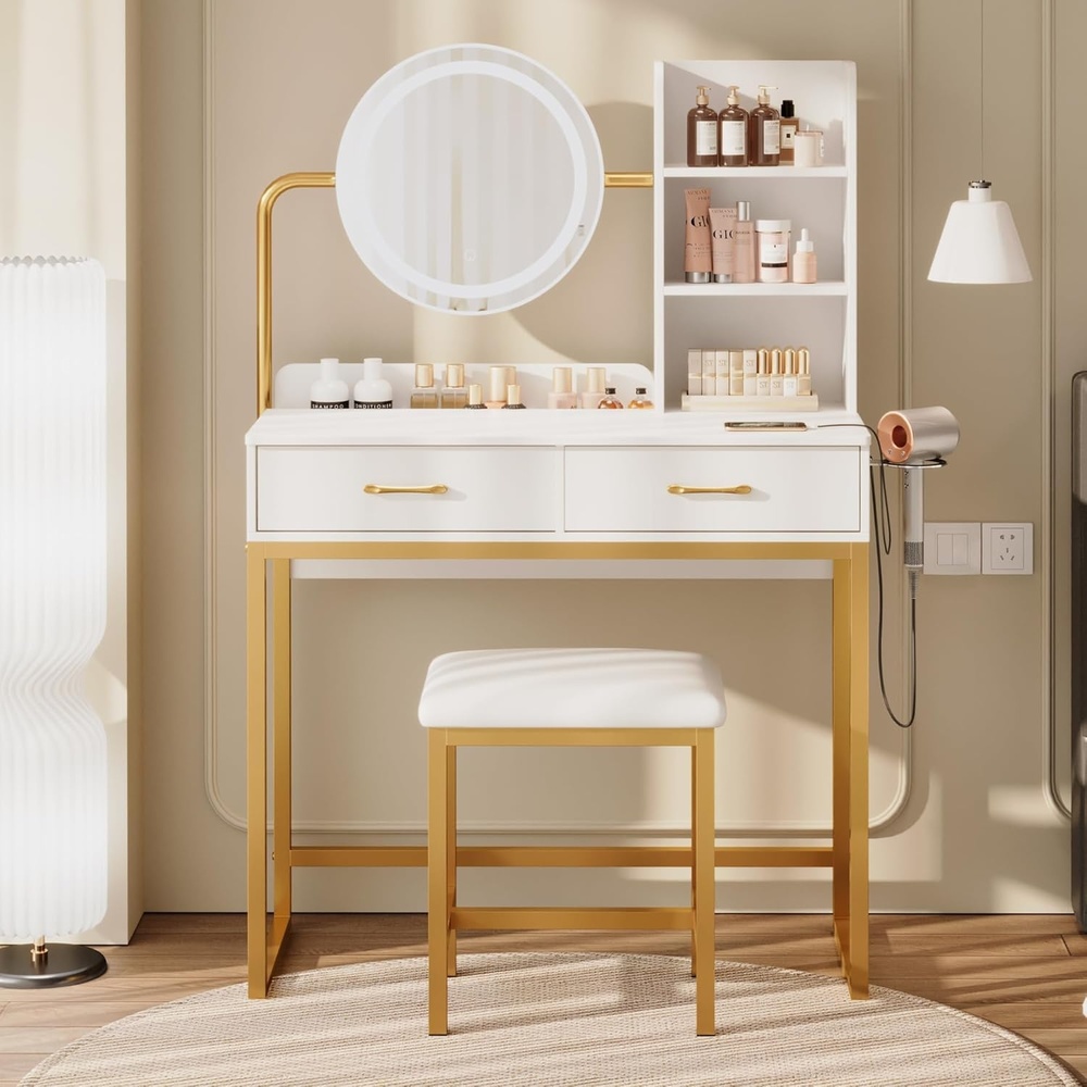 image:imageDowinx Vanity Desk with LED Lighted Mirror amp Power Outlet White Vanity Desk with Adjustable 3 Lighting Modes Small Vanity Desk for Bedroom Makeup Vanity with Chair for Girl Gold and White