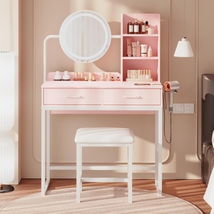 image:imageDowinx Vanity Desk with LED Lighted Mirror amp Power Outlet Vanity Desk with Adjustable 3 Lighting Modes Small Vanity Desk for Bedroom Makeup Vanity with Chair for Girl Pink and White