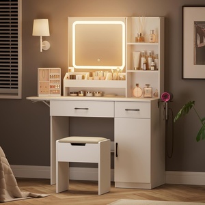 image:imageDowinx Vanity Desk with Mirror and 3 LED Lights Power Outlet Makeup Vanity Table with 3 Drawers and 7 Shelves Dressing Table with Storage Stool for Bedroom Dressing Room White