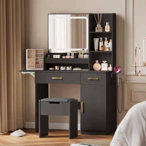 image:imageDowinx Vanity Desk with Mirror and Light Makeup Vanity with Power Outlet amp Storage Stool Vanity Table with 3 Drawers amp 7 Open Shelves Adjustable 3 Colors LED Lighted for Bedroom Black