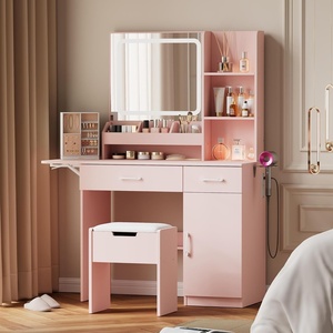 image:imageDowinx Vanity Desk with Mirror and Light Makeup Vanity with Power Outlet amp Storage Stool Vanity Table with 3 Drawers amp 7 Open Shelves Adjustable 3 Lighting Colors for Bedroom Pink