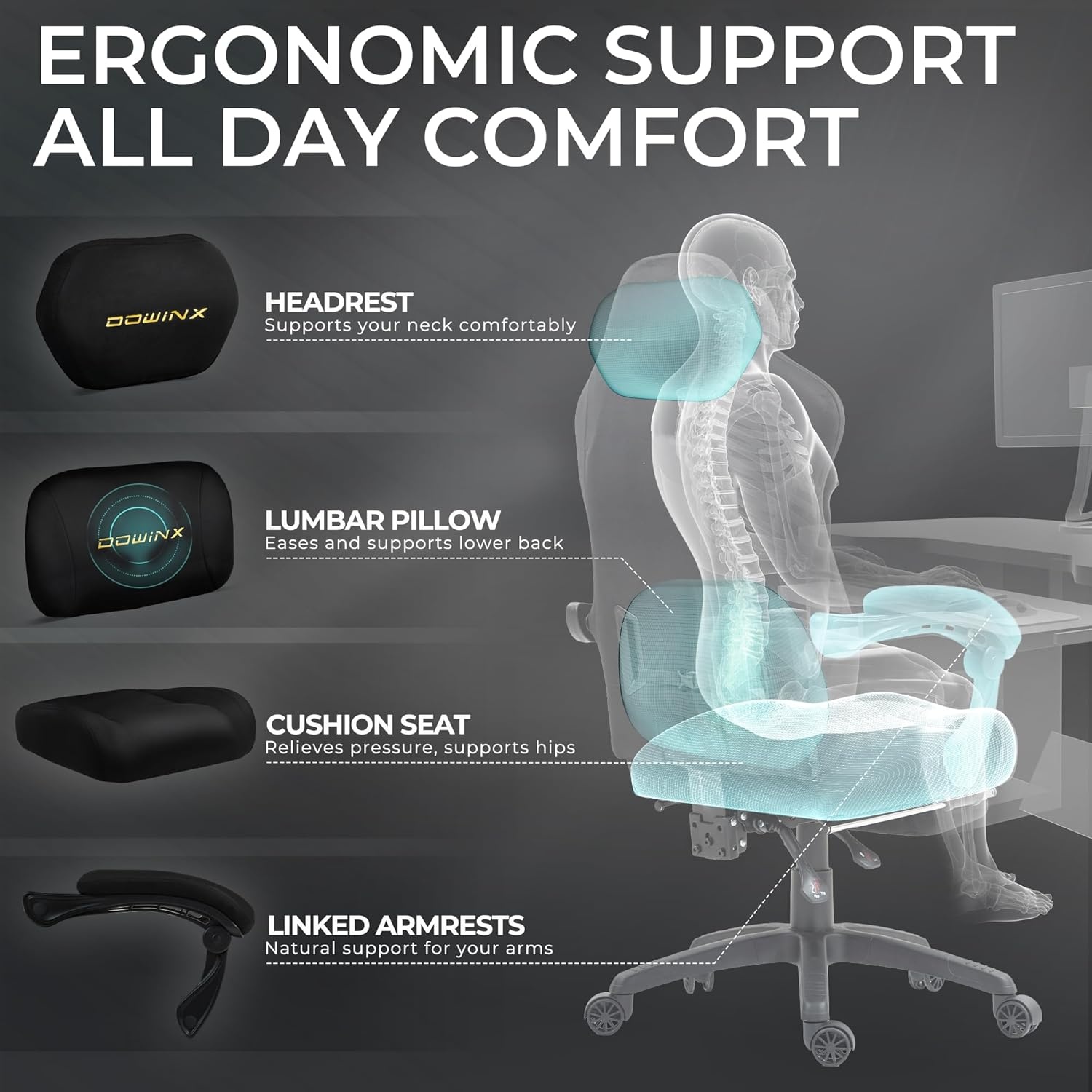 image:imageDowinx Big and Tall Gaming Chair Suede Fabric Game Chair with Pocket Spring Cushion High Back Gamer Chair Ergonomic with Footrest for Adults Office 440LBS WhiteBlack