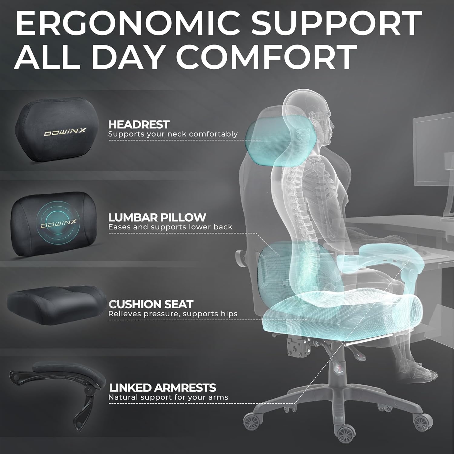 image:imageDowinx Big and Tall Gaming Chair Suede Fabric Game Chair with Pocket Spring Cushion High Back Gamer Chair Ergonomic with Footrest for Adults Office 440LBS WhiteGrey