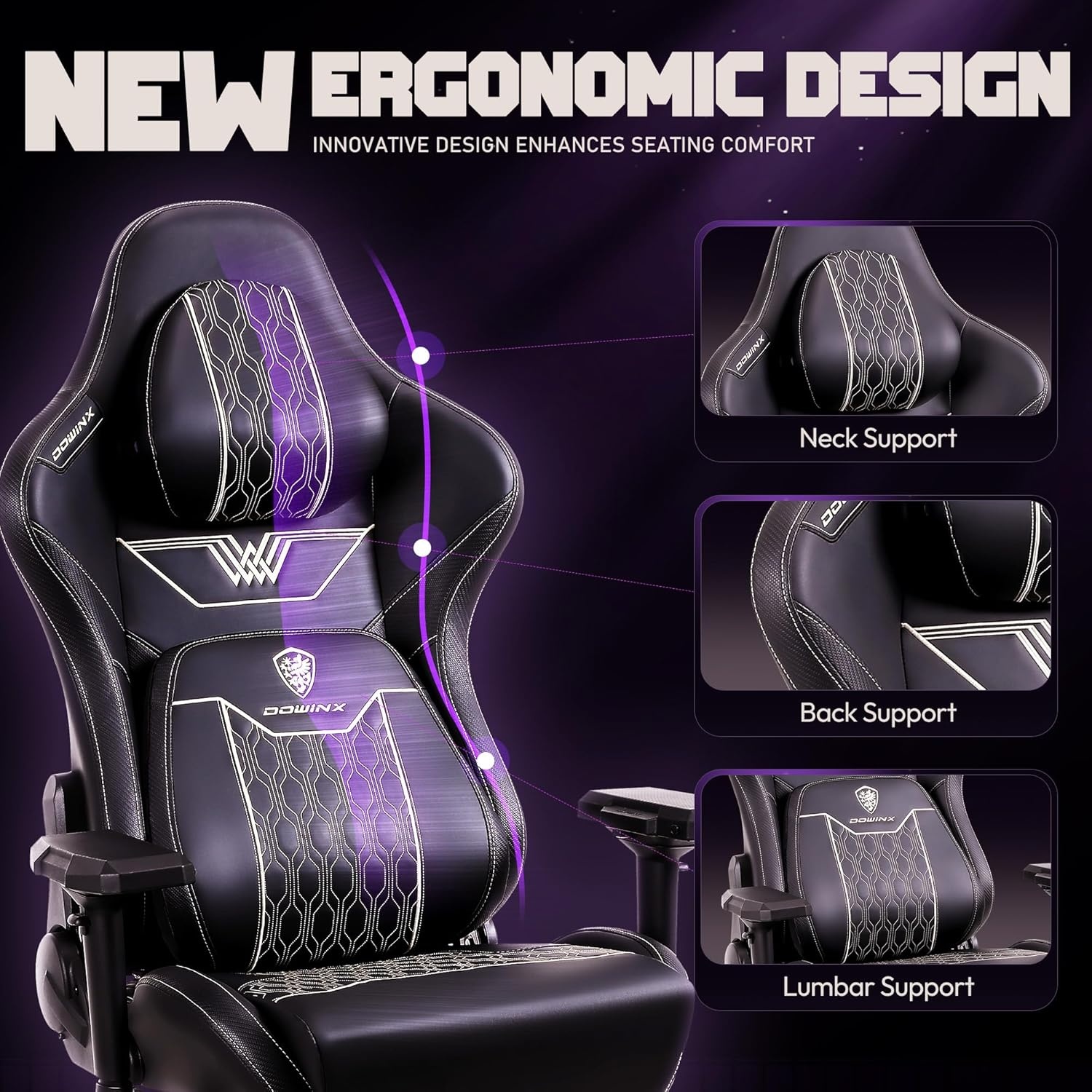 image:imageDowinx Big and Tall Gaming Chair with Footrest High Back Ergonomic Office Chair with Comfortable Headrest and Lumbar Support 4D Armrests Computer Chair for Adults Pu Leather Black