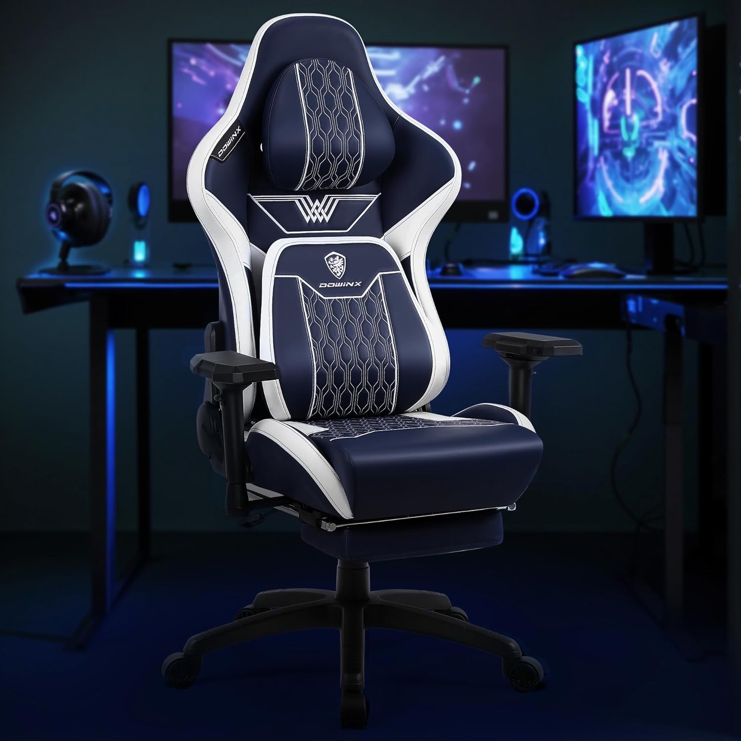 image:imageDowinx Big and Tall Gaming Chair with Footrest High Back Ergonomic Office Chair with Comfortable Headrest and Lumbar Support 4D Armrests Computer Chair for Adults Pu Leather Blue