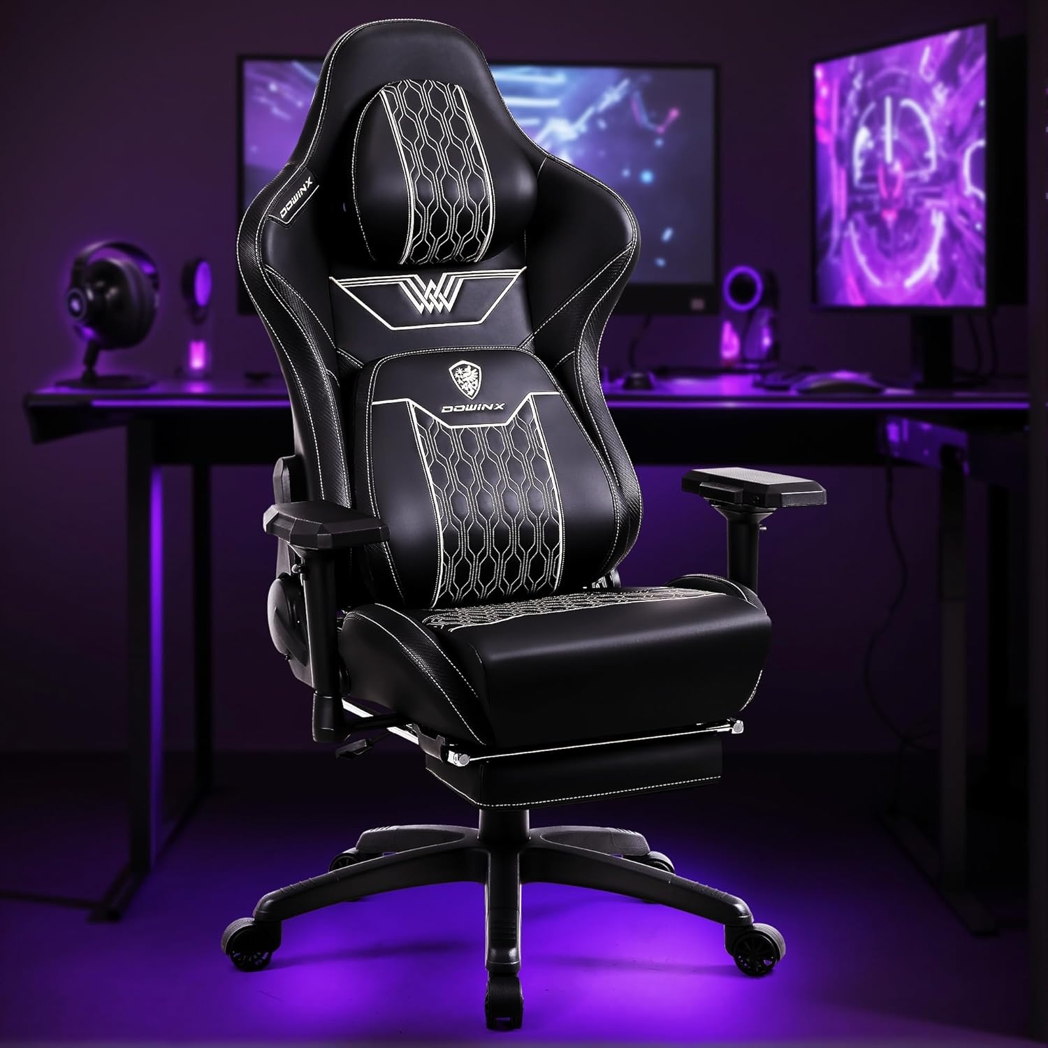 image:imageDowinx Big and Tall Gaming Chair with Footrest High Back Ergonomic Office Chair with Comfortable Headrest and Lumbar Support 4D Armrests Computer Chair for Adults Pu Leather Black