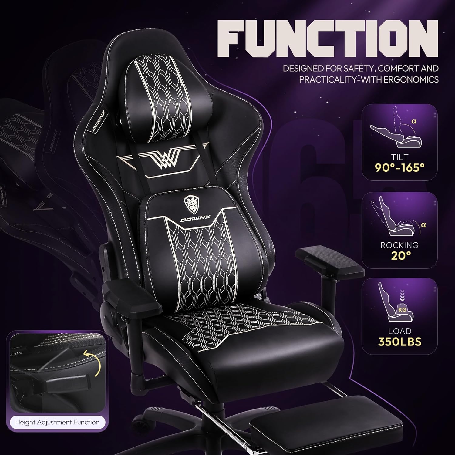 image:imageDowinx Big and Tall Gaming Chair with Footrest High Back Ergonomic Office Chair with Comfortable Headrest and Lumbar Support 4D Armrests Computer Chair for Adults Pu Leather Black
