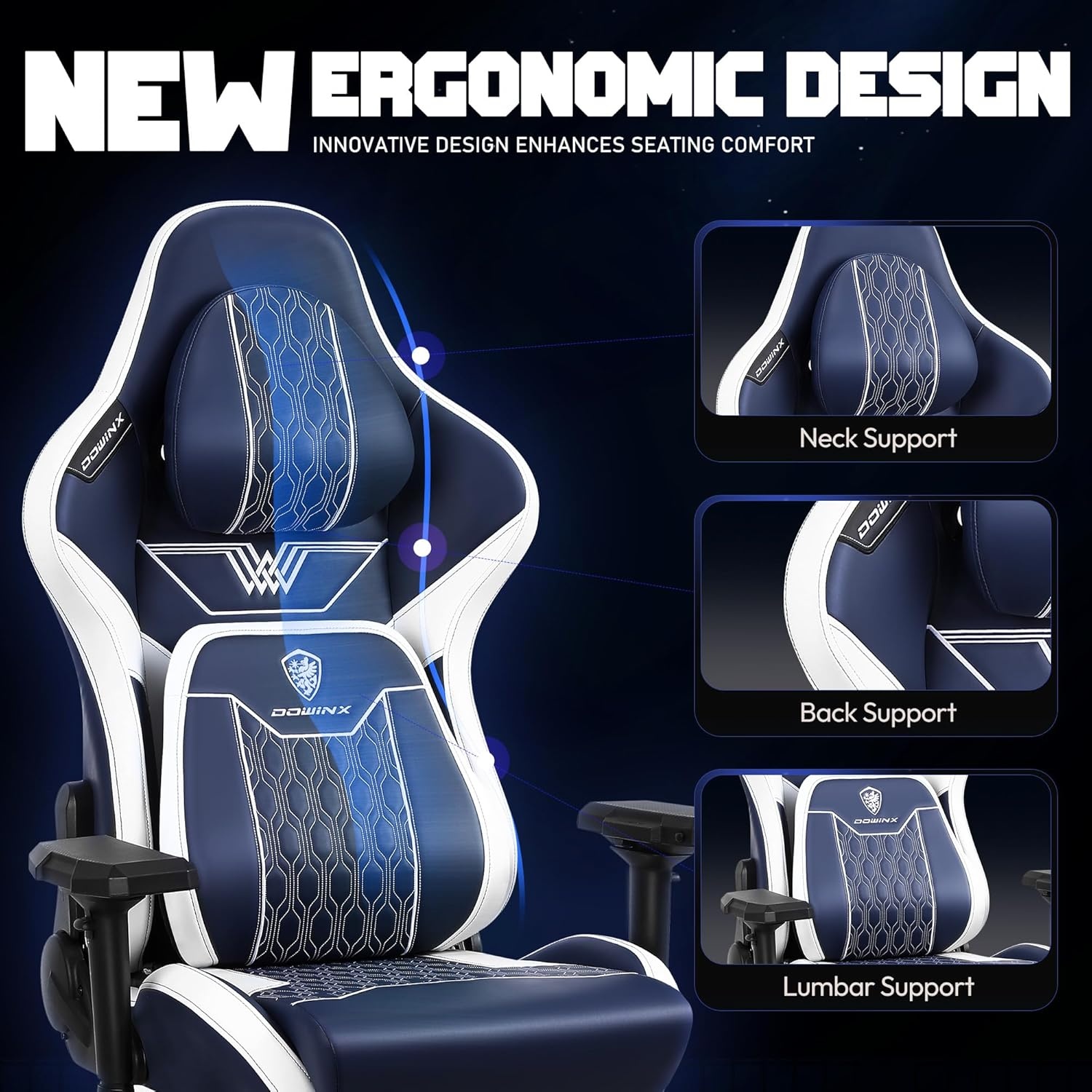image:imageDowinx Big and Tall Gaming Chair with Footrest High Back Ergonomic Office Chair with Comfortable Headrest and Lumbar Support 4D Armrests Computer Chair for Adults Pu Leather Blue