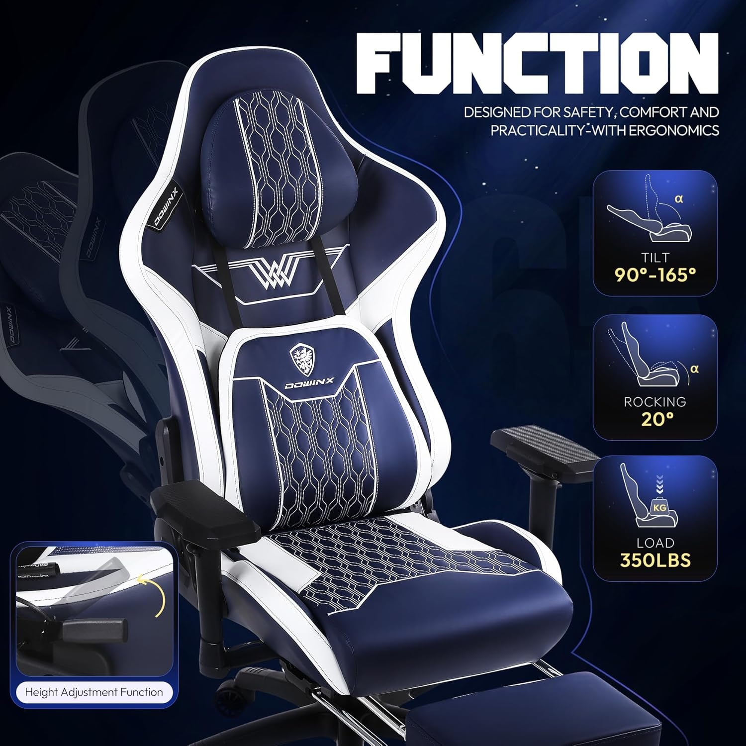image:imageDowinx Big and Tall Gaming Chair with Footrest High Back Ergonomic Office Chair with Comfortable Headrest and Lumbar Support 4D Armrests Computer Chair for Adults Pu Leather Blue