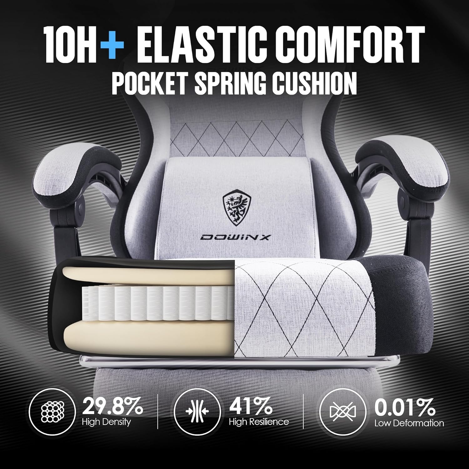 image:imageDowinx Fabric Gaming Chair Ergonomic Computer Chair with Footrest and Pocket Spring Cushion Height Adjustable Video Gamer Chair with Lumbar Support for Adults White Grey