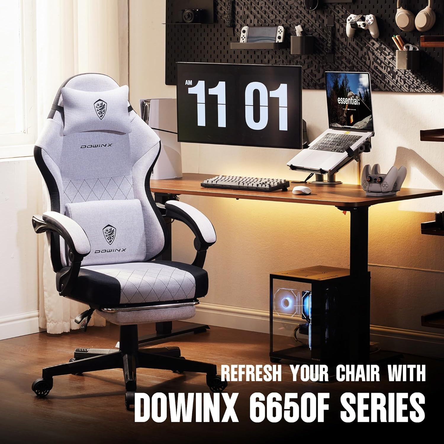 image:imageDowinx Fabric Gaming Chair Ergonomic Computer Chair with Footrest and Pocket Spring Cushion Height Adjustable Video Gamer Chair with Lumbar Support for Adults White Grey
