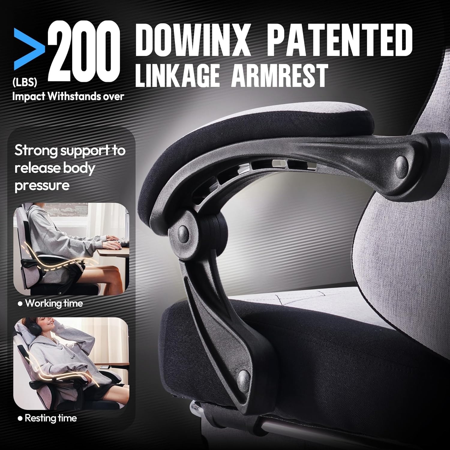 image:imageDowinx Fabric Gaming Chair Ergonomic Computer Chair with Footrest and Pocket Spring Cushion Height Adjustable Video Gamer Chair with Lumbar Support for Adults White Grey