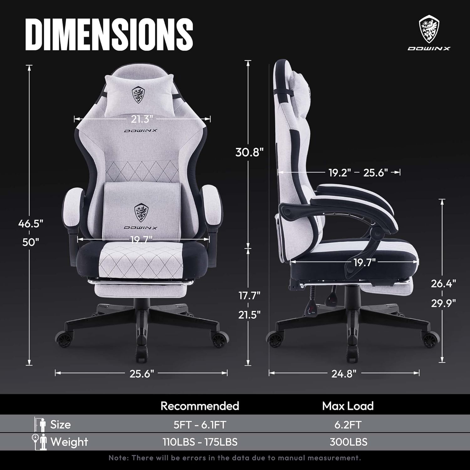 image:imageDowinx Fabric Gaming Chair Ergonomic Computer Chair with Footrest and Pocket Spring Cushion Height Adjustable Video Gamer Chair with Lumbar Support for Adults White Grey