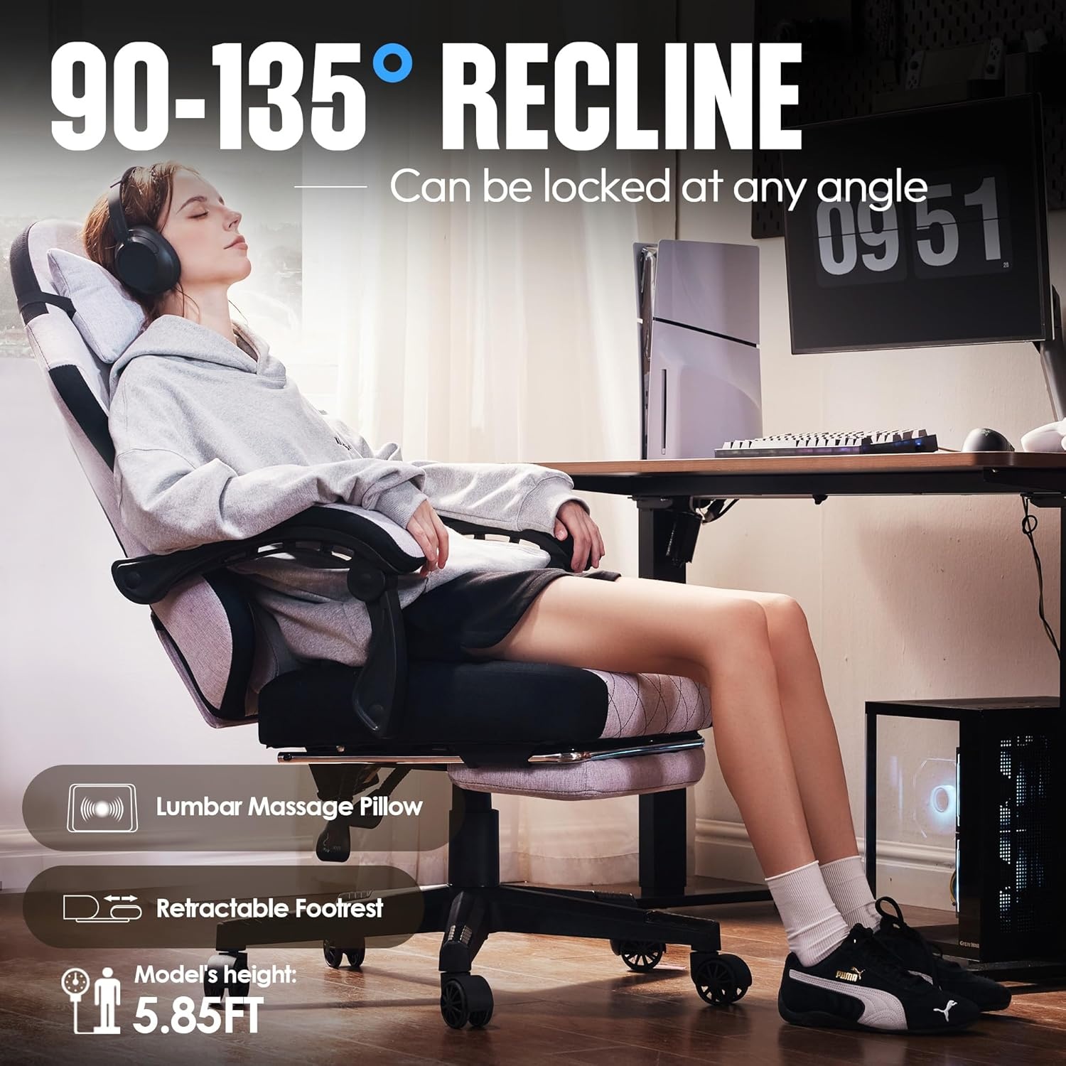 image:imageDowinx Fabric Gaming Chair Ergonomic Computer Chair with Footrest and Pocket Spring Cushion Height Adjustable Video Gamer Chair with Lumbar Support for Adults White Grey