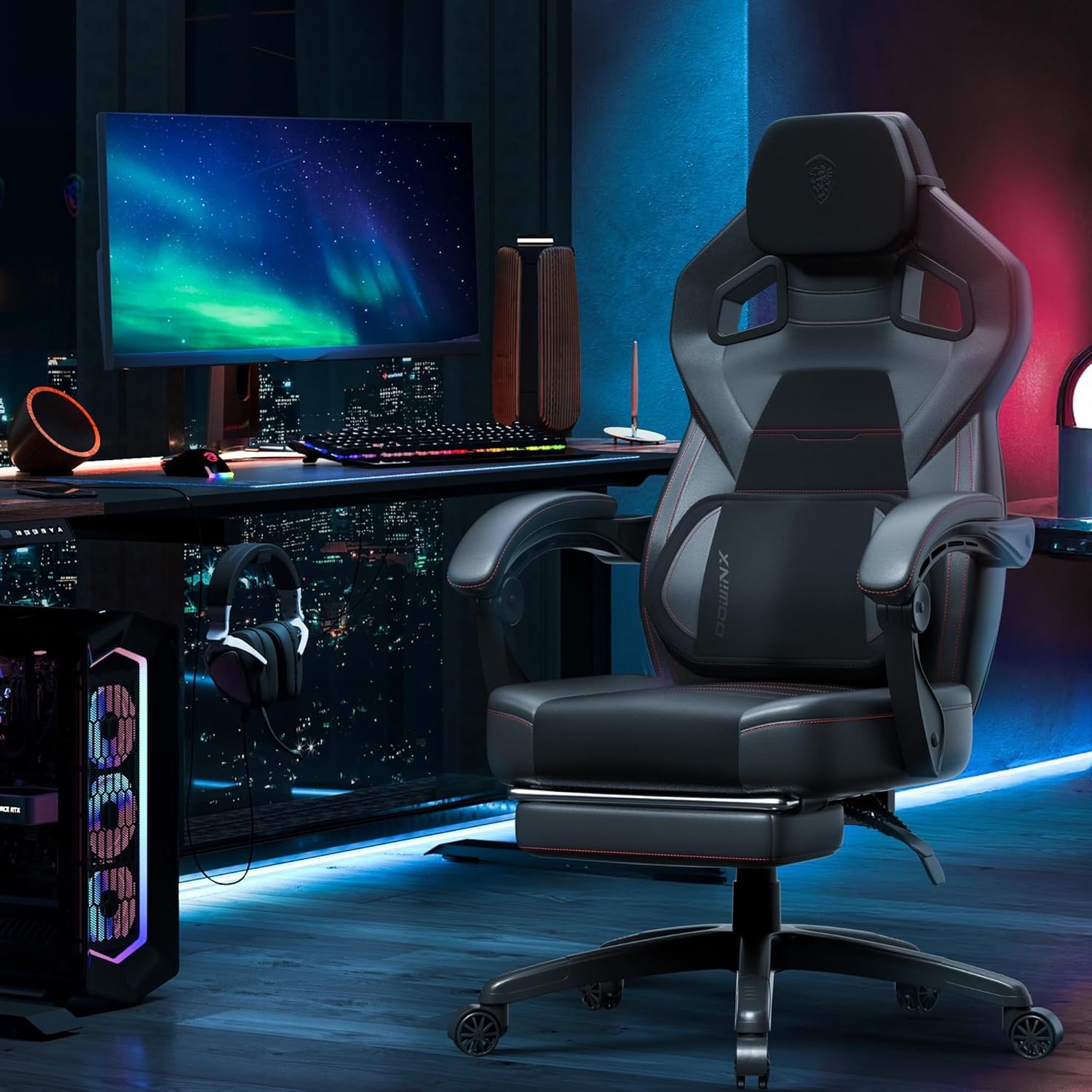 image:imageDowinx Fabric Gaming Chair with Footrest 350lb Big and Tall Gamer Chair Wide Seat Ergonomic Computer Chair with Lumbar Massage Support Wide Back Office Chair for Heavy People BlackBlack