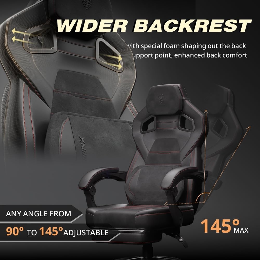 image:imageDowinx Fabric Gaming Chair with Footrest 350lb Big and Tall Gamer Chair Wide Seat Ergonomic Computer Chair with Lumbar Massage Support Wide Back Office Chair for Heavy People BlackDeep Black