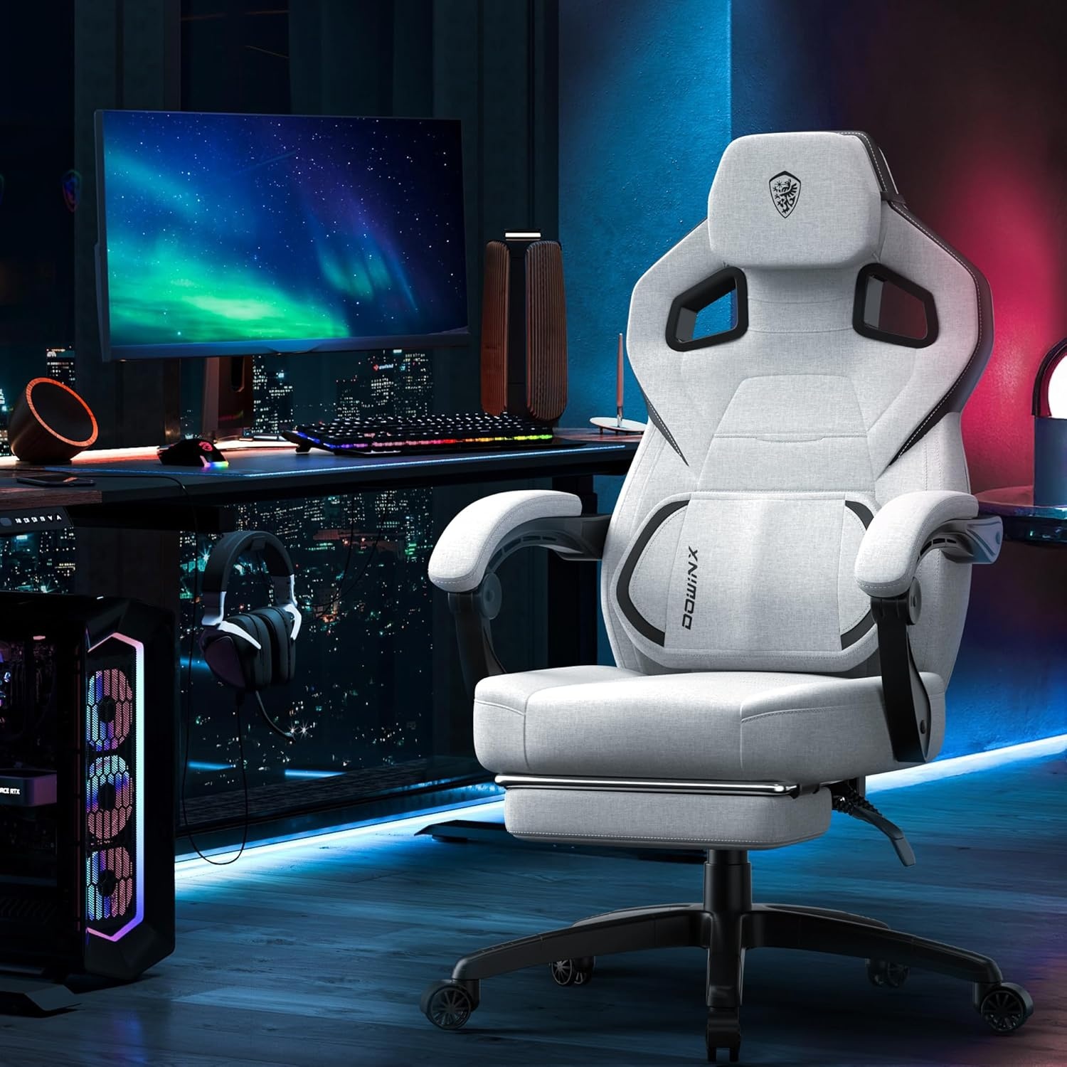 image:imageDowinx Fabric Gaming Chair with Footrest 350lb Big and Tall Gamer Chair Wide Seat Ergonomic Computer Chair with Lumbar Massage Support Wide Back Office Chair for Heavy People BlackGrey
