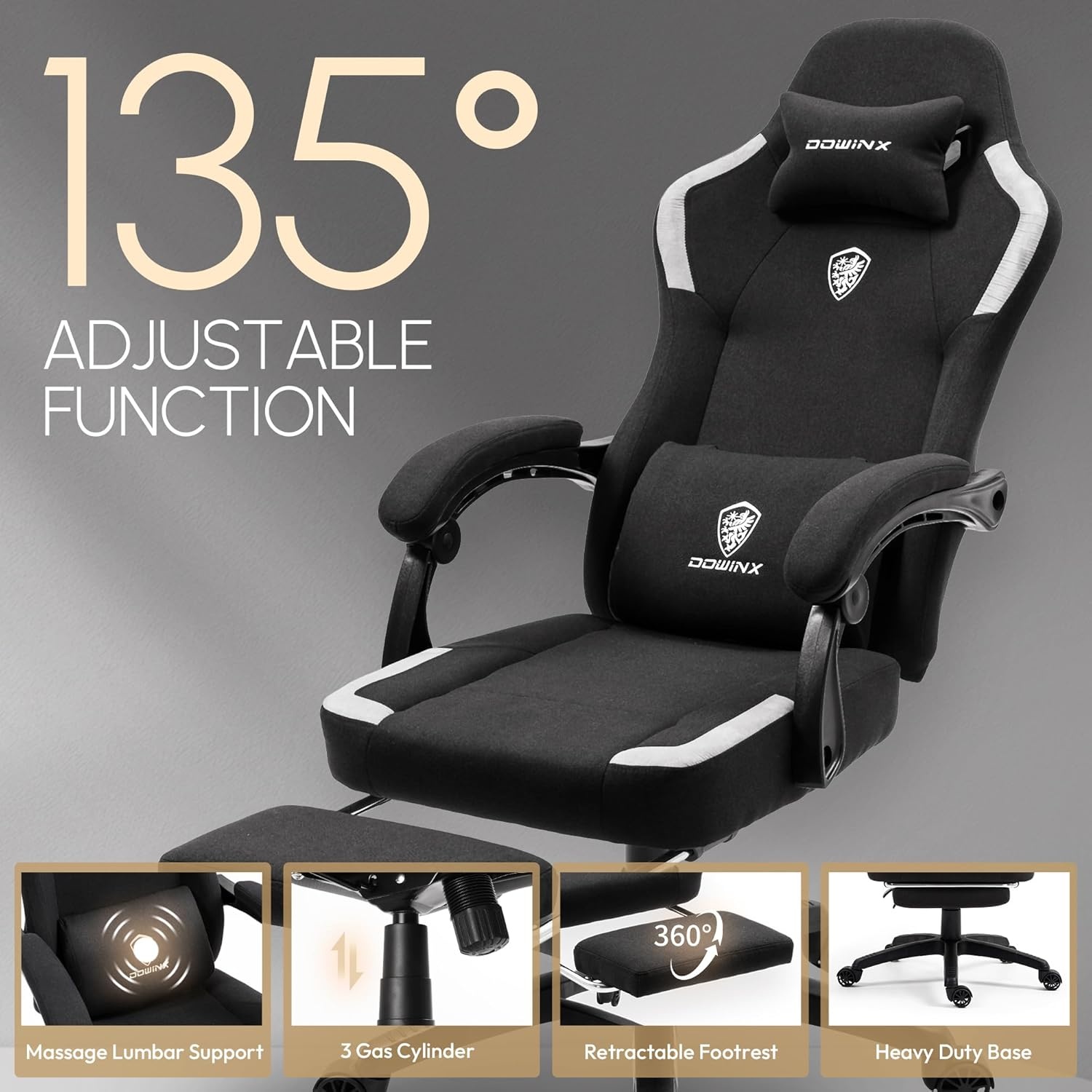 image:imageDowinx Fabric Gaming Chair with Pocket Spring CushionBreathable Computer Chair with Massage Lumbar Support and FootrestHigh Back Game Office Chair for AdultBlack
