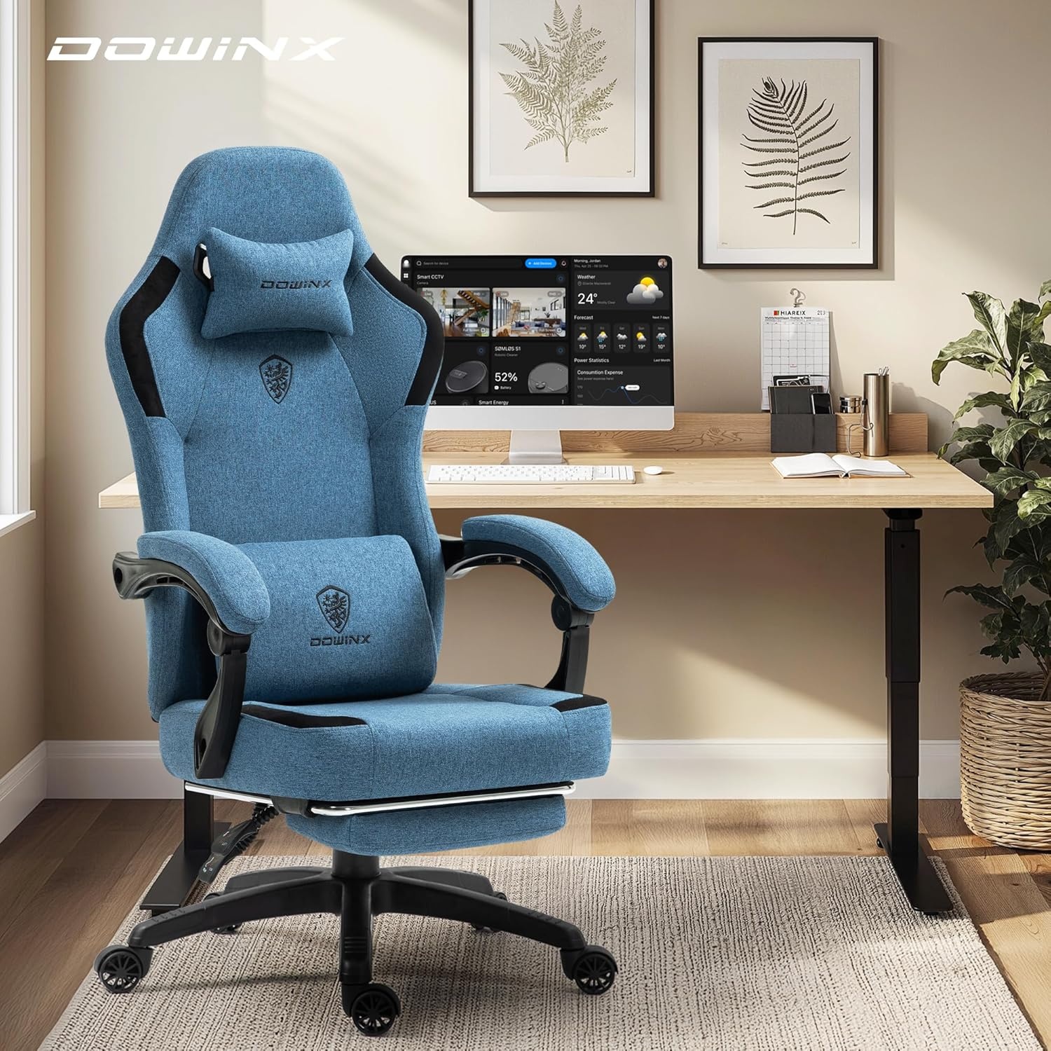 image:imageDowinx Fabric Gaming Chair with Pocket Spring CushionBreathable Computer Chair with Massage Lumbar Support and FootrestHigh Back Game Office Chair for AdultDark Blue