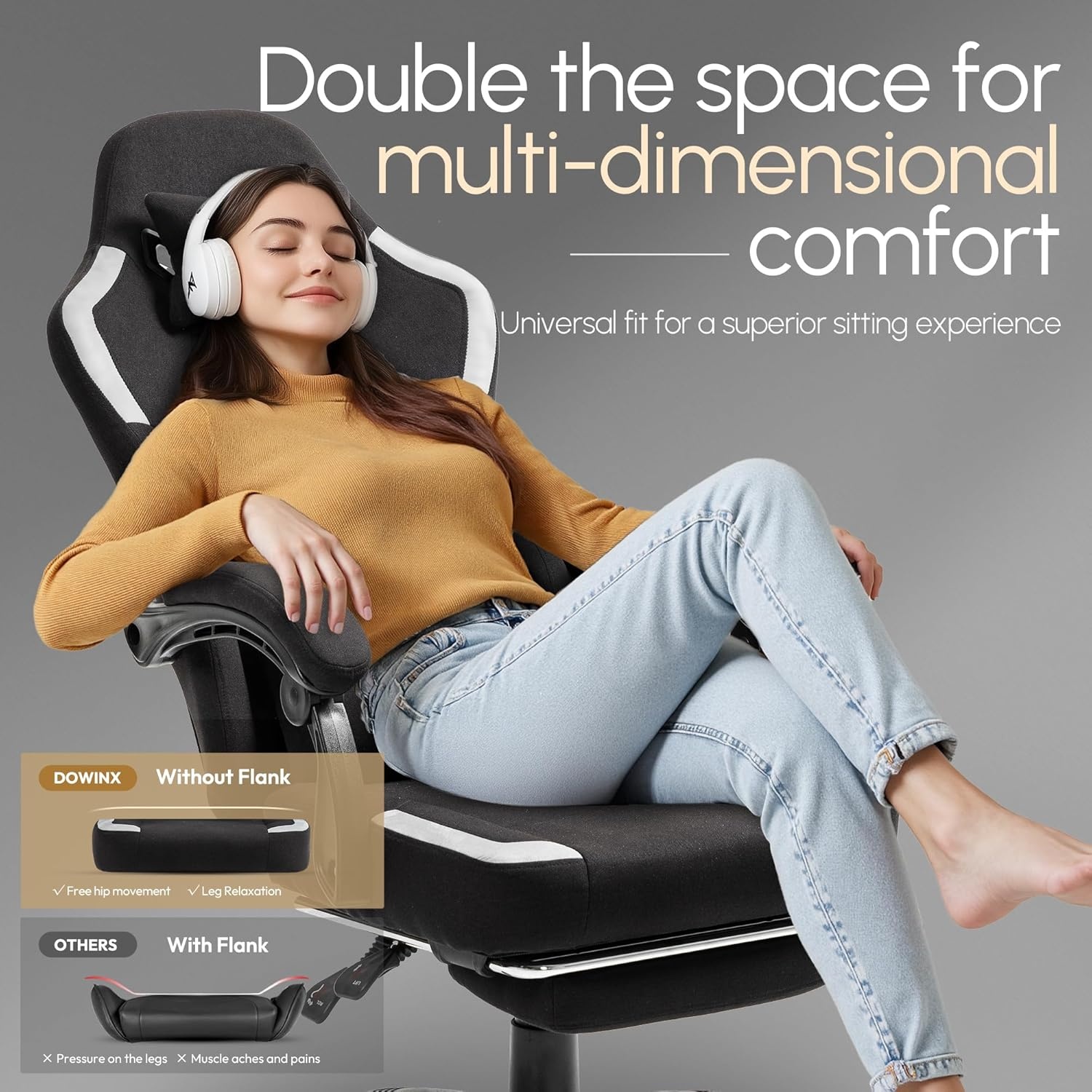 image:imageDowinx Fabric Gaming Chair with Pocket Spring CushionBreathable Computer Chair with Massage Lumbar Support and FootrestHigh Back Game Office Chair for AdultBlack