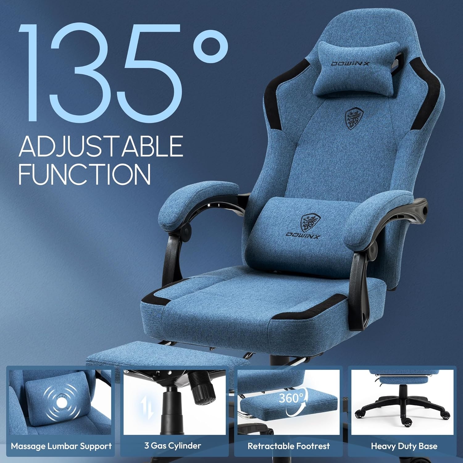 image:imageDowinx Fabric Gaming Chair with Pocket Spring CushionBreathable Computer Chair with Massage Lumbar Support and FootrestHigh Back Game Office Chair for AdultDark Blue