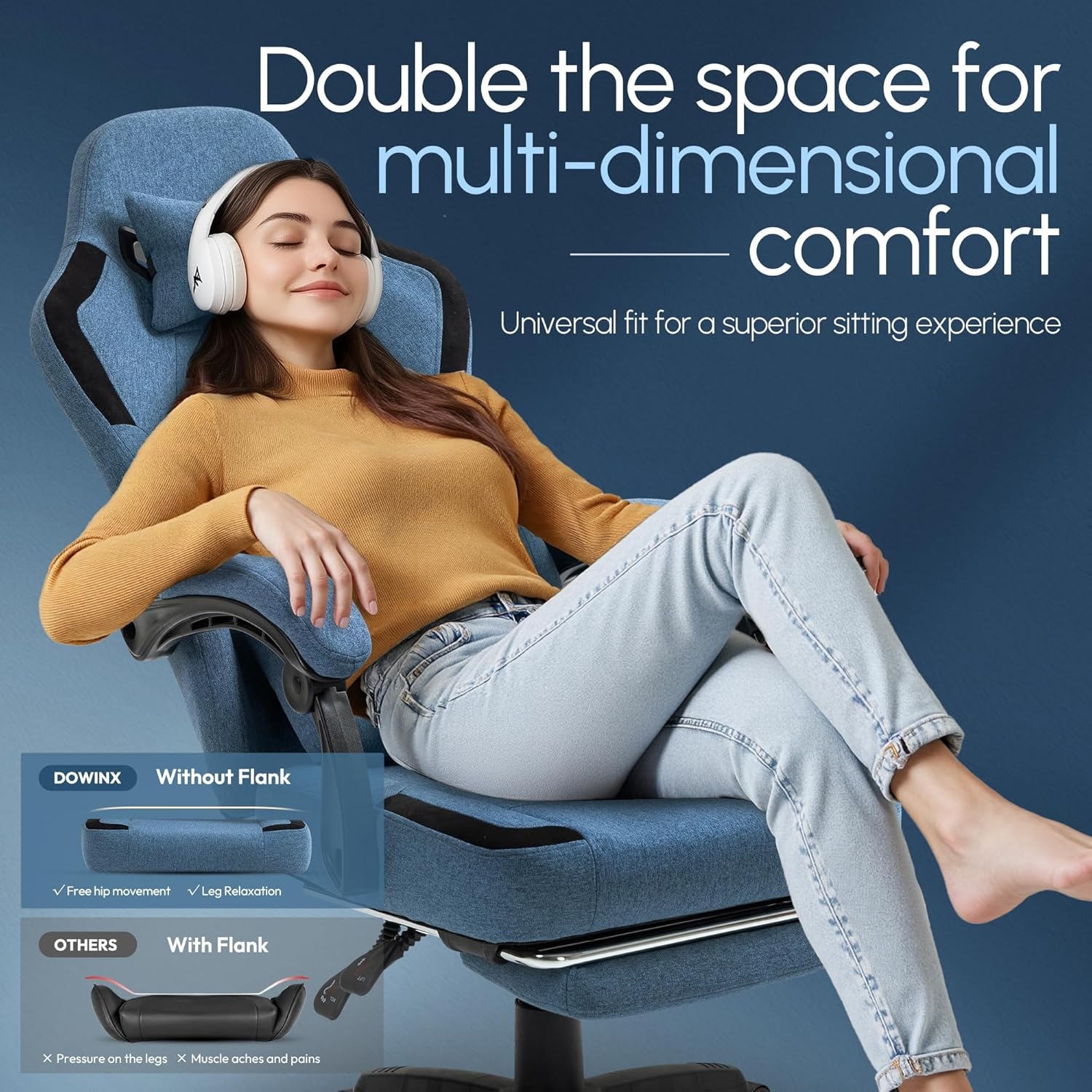 image:imageDowinx Fabric Gaming Chair with Pocket Spring CushionBreathable Computer Chair with Massage Lumbar Support and FootrestHigh Back Game Office Chair for AdultDark Blue