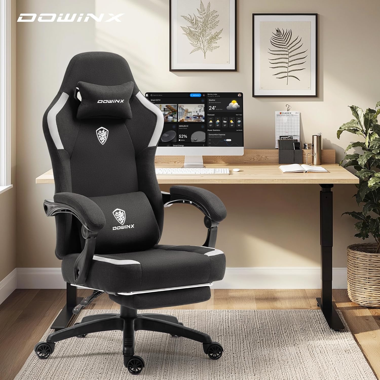 image:imageDowinx Fabric Gaming Chair with Pocket Spring CushionBreathable Computer Chair with Massage Lumbar Support and FootrestHigh Back Game Office Chair for AdultBlack