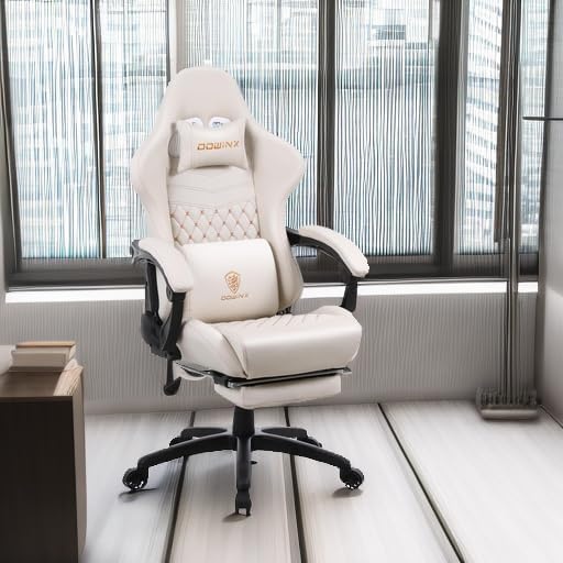 image:imageDowinx Gaming Chair Big and Tall Ergonomic Computer Chair with Footrest and Massage Lumbar Support High Back Comfortable Gamer Chair for Adults 350Lbs PU Leather for Office Game Ivory