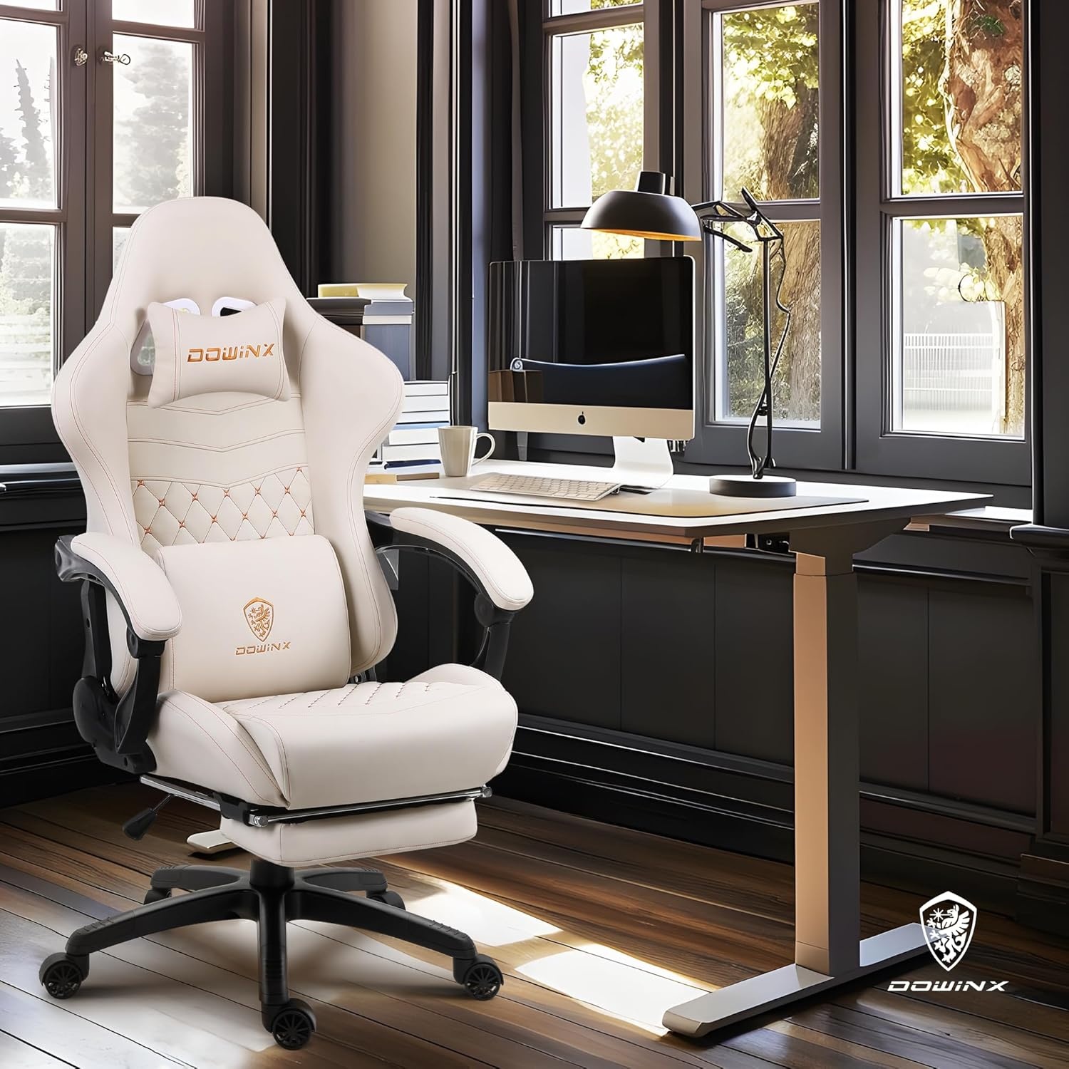 image:imageDowinx Gaming Chair Big and Tall Ergonomic Computer Chair with Footrest and Massage Lumbar Support High Back Comfortable Gamer Chair for Adults 350Lbs PU Leather for Office Game Ivory