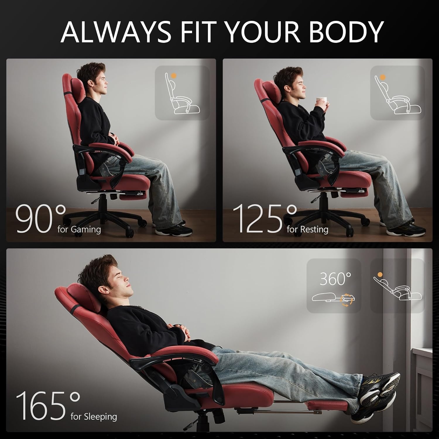 image:imageDowinx Gaming Chair Big and Tall Ergonomic PC Gaming Chair with Footrest amp Massage Racing Style Reclining Computer Chair for Adults 400LBS Capacity Heavy Duty Gamer Chair BlackDark Red