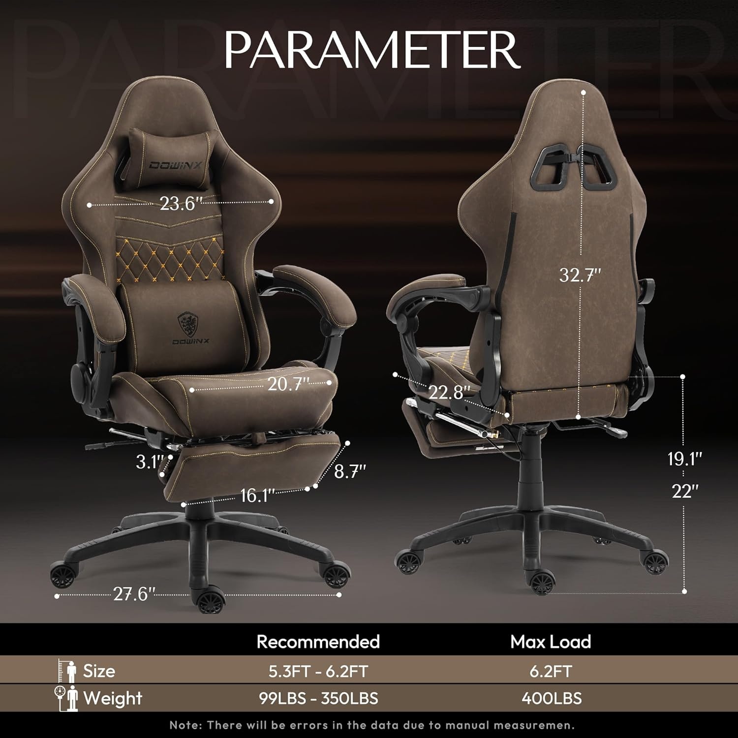 image:imageDowinx Gaming Chair Big and Tall Ergonomic PC Gaming Chair with Footrest amp Massage Racing Style Reclining Computer Chair for Adults 400LBS Capacity Heavy Duty Gamer Chair BlackBrown