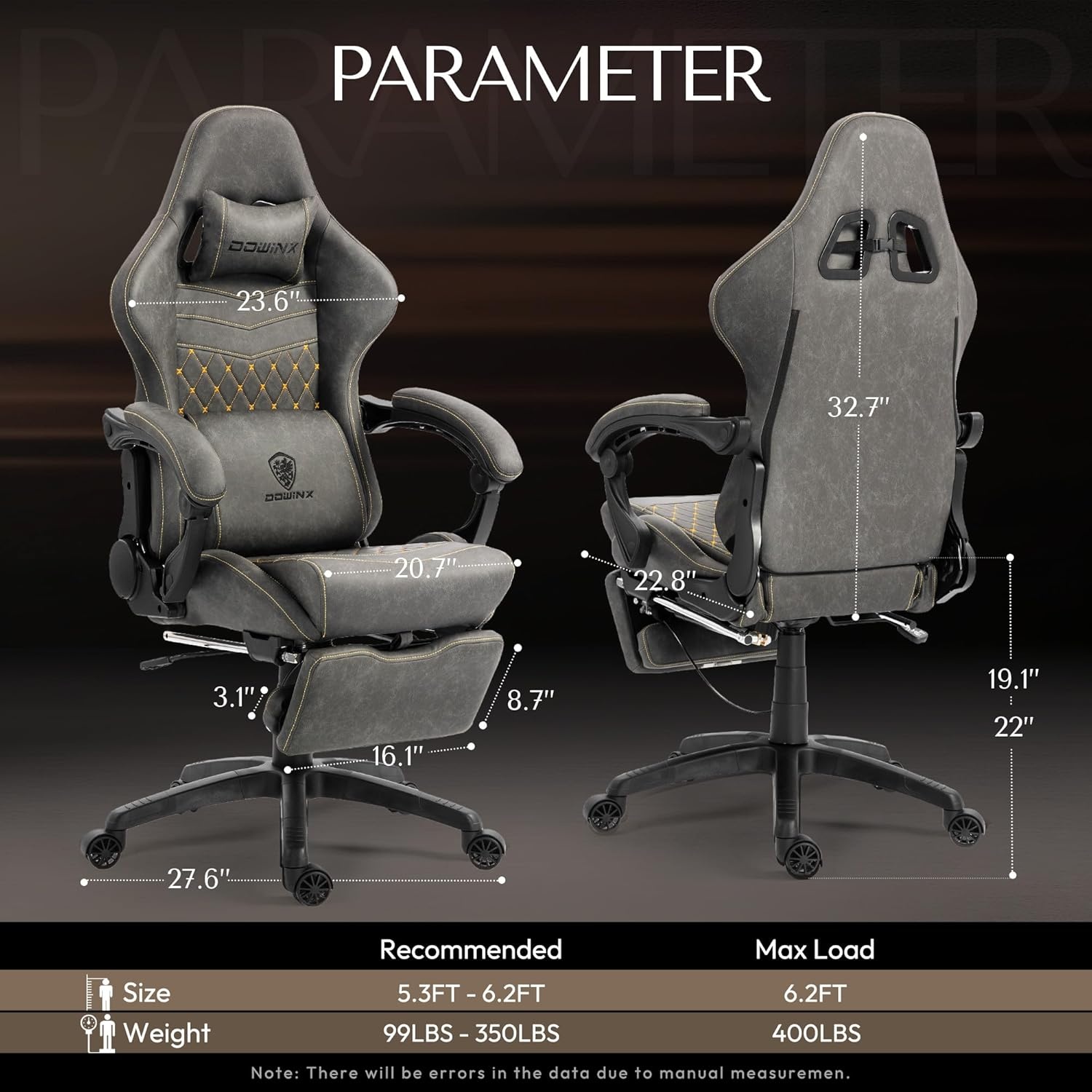 image:imageDowinx Gaming Chair Big and Tall Ergonomic PC Gaming Chair with Footrest amp Massage Racing Style Reclining Computer Chair for Adults 400LBS Capacity Heavy Duty Gamer Chair BlackGrey